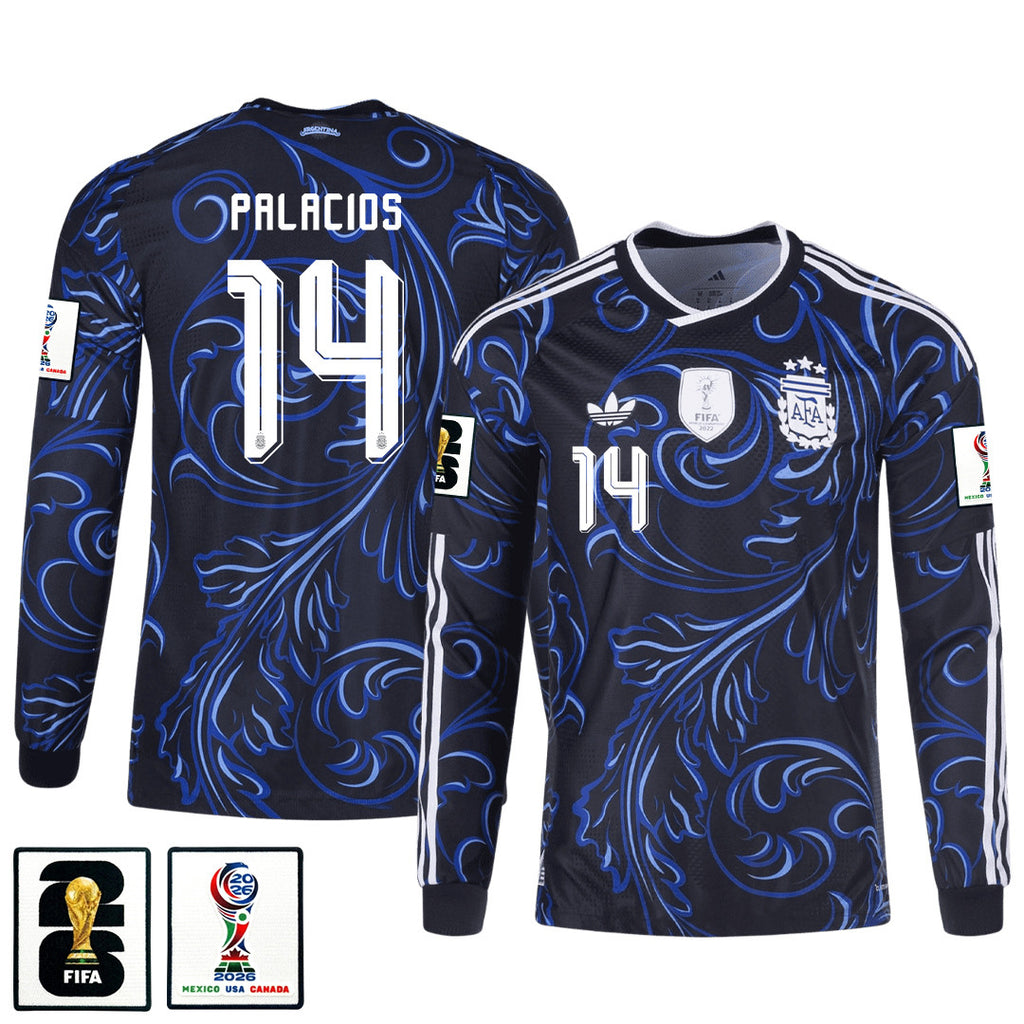 Exequiel Palacios 14 Argentina 2026 Away Long Sleeve Jersey - Black