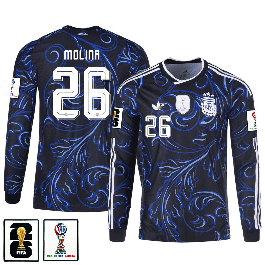 Nahuel Molina 26 Argentina 2026 Away Long Sleeve Jersey - Black