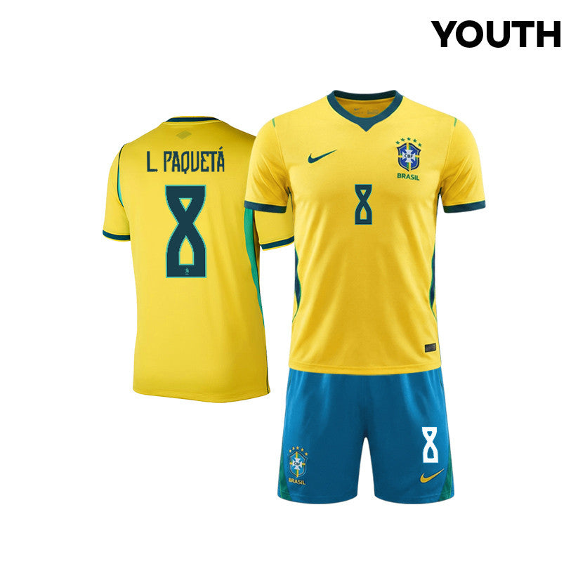Lucas Paquetá 8 Brazil 2026 YOUTH Home Jersey & Shorts Set - Yellow
