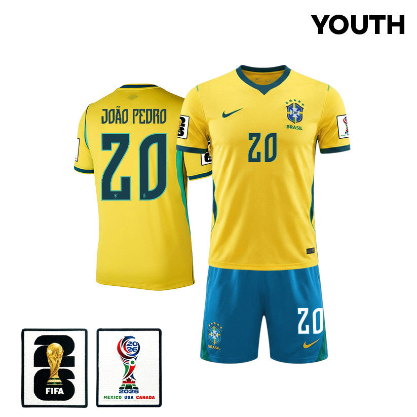 João Pedro 20 Brazil 2026 YOUTH Home Jersey & Shorts Set - Yellow
