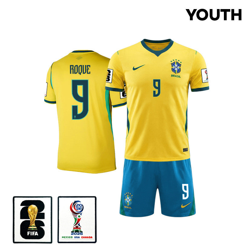 Vitor Roque 9 Brazil 2026 YOUTH Home Jersey & Shorts Set - Yellow