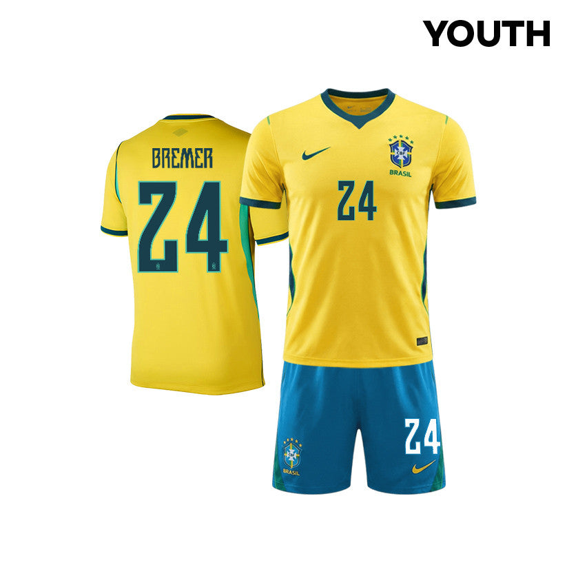 Gleison Bremer 24 Brazil 2026 YOUTH Home Jersey & Shorts Set - Yellow