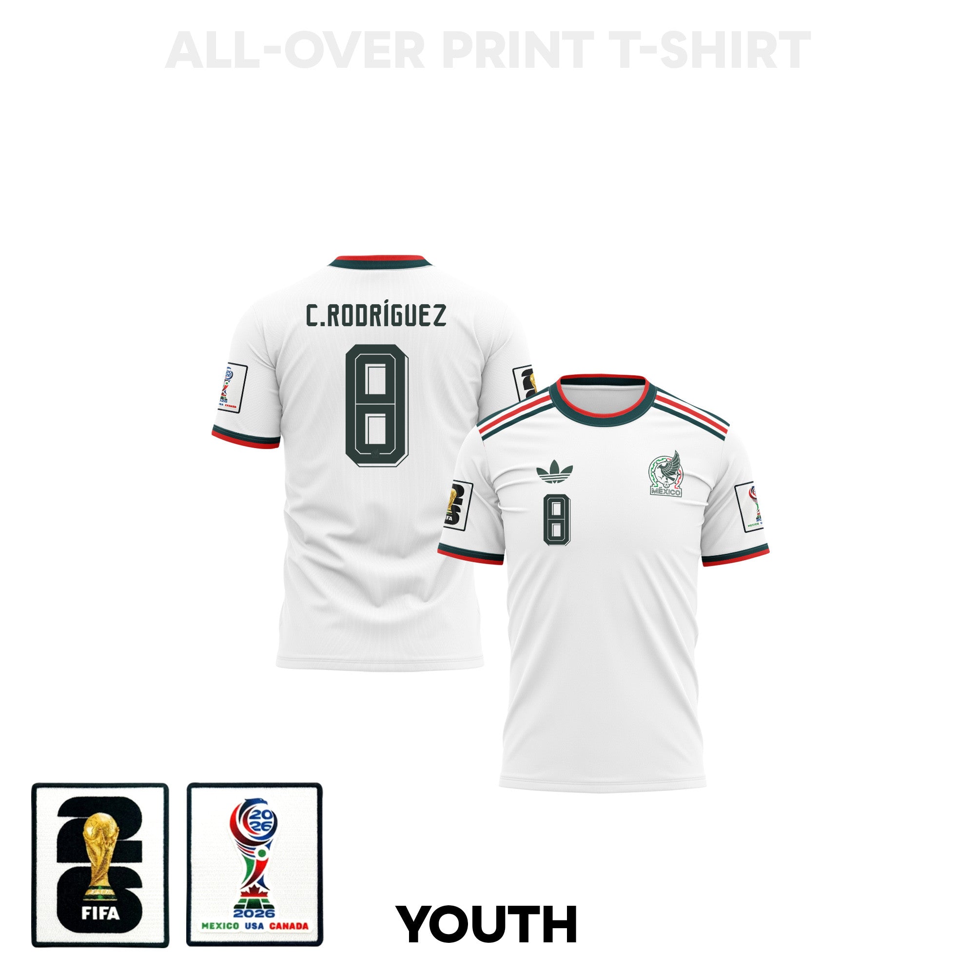 Carlos Rodríguez 8 Youth Mexico 2026 Away 3D T-shirt Fully Printed – White
