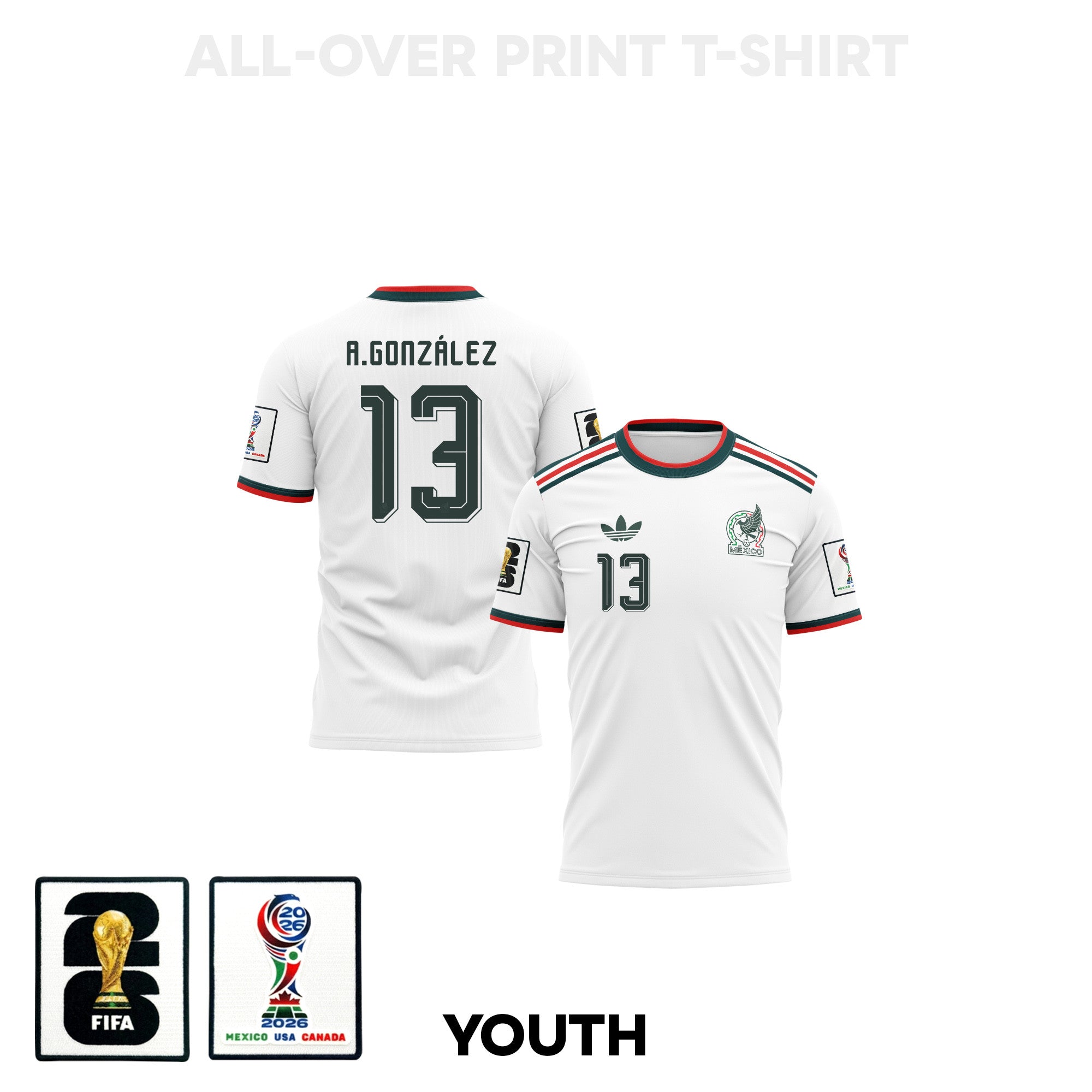 Armando González 13 Youth Mexico 2026 Away 3D T-shirt Fully Printed – White