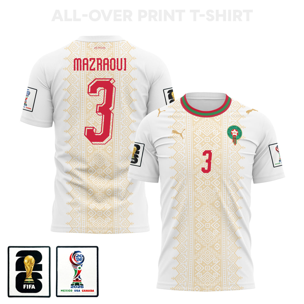 Noussair Mazraoui 3 Morocco 2026 Away 3D T-Shirt Fully Printed – Unisex, White