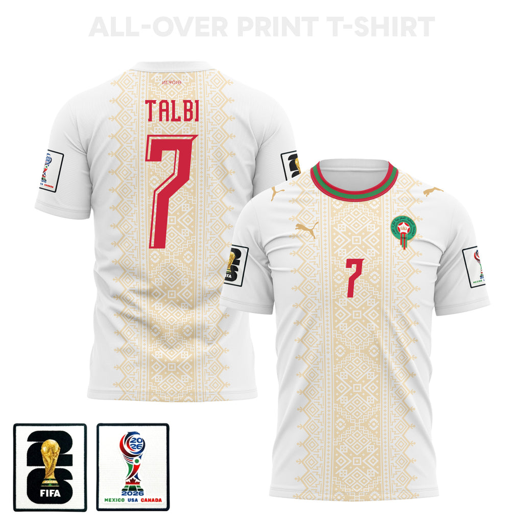 Chemsdine Talbi 7 Morocco 2026 Away 3D T-Shirt Fully Printed – Unisex, White