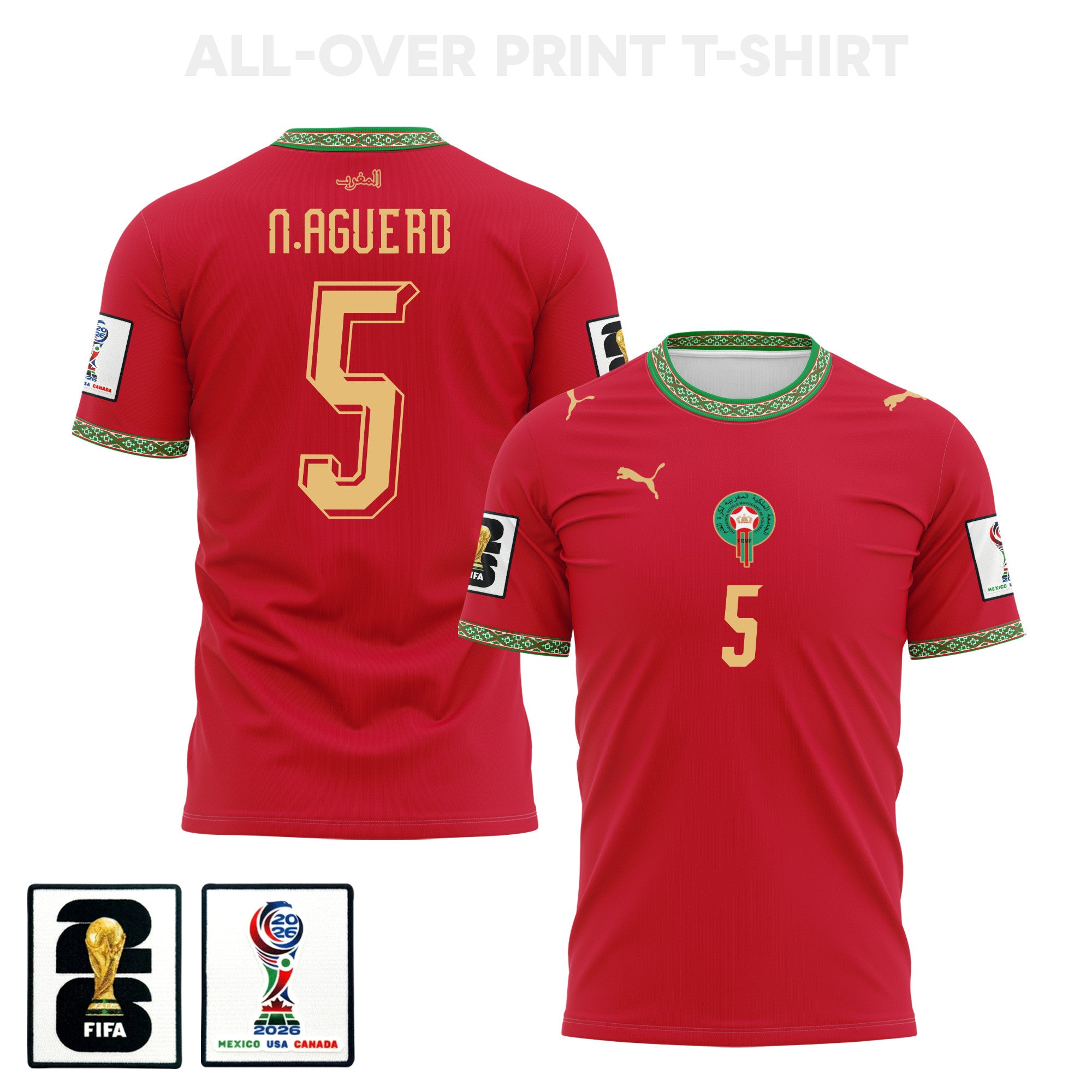 Nayef Aguerd 5 Morocco 2026 Home 3D T-Shirt Fully Printed – Unisex, Red