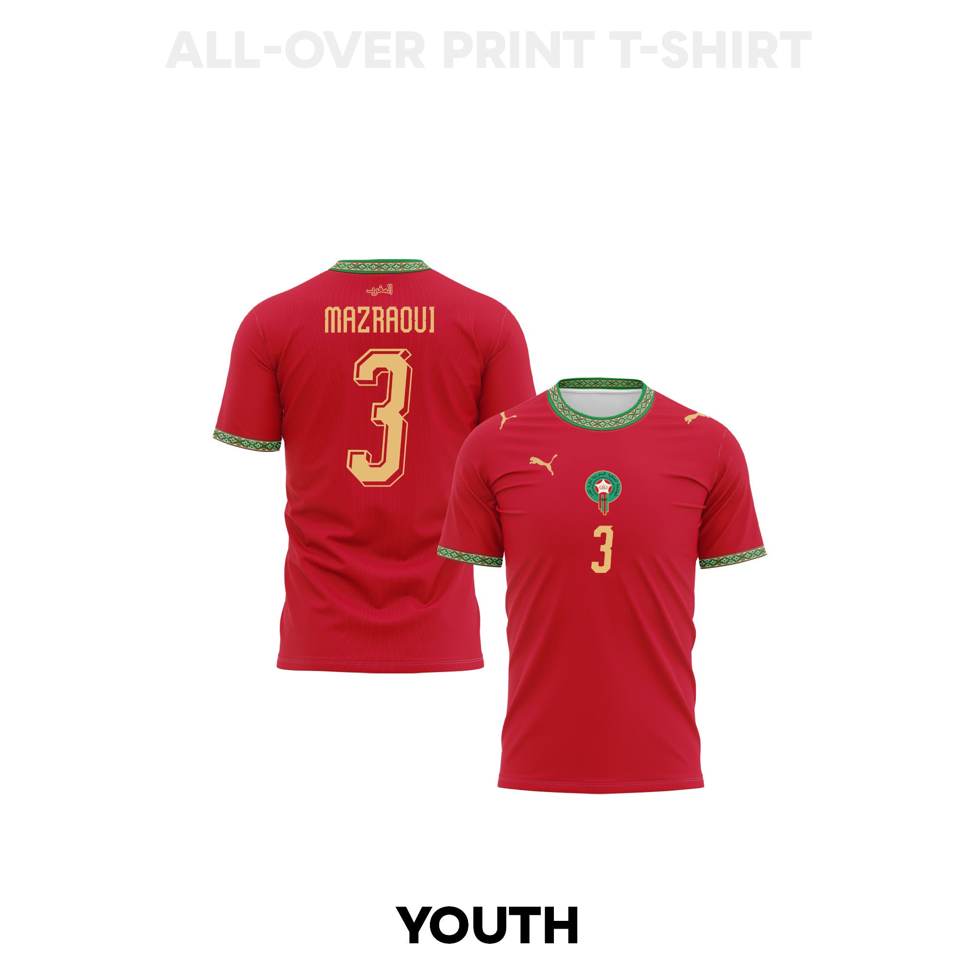 Noussair Mazraoui 3 Youth Morocco 2026 Home 3D T-shirt Fully Printed – Red
