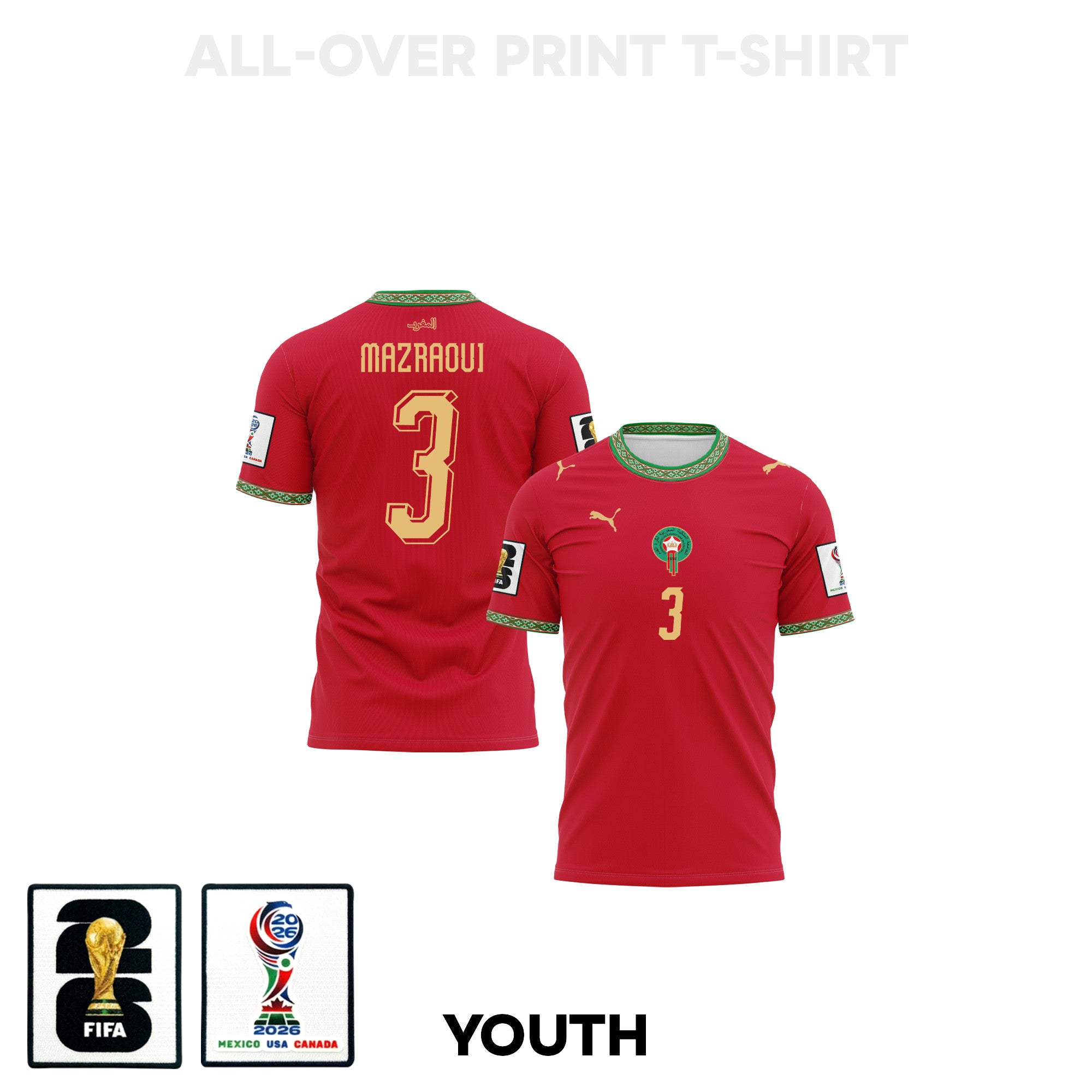 Noussair Mazraoui 3 Youth Morocco 2026 Home 3D T-shirt Fully Printed – Red