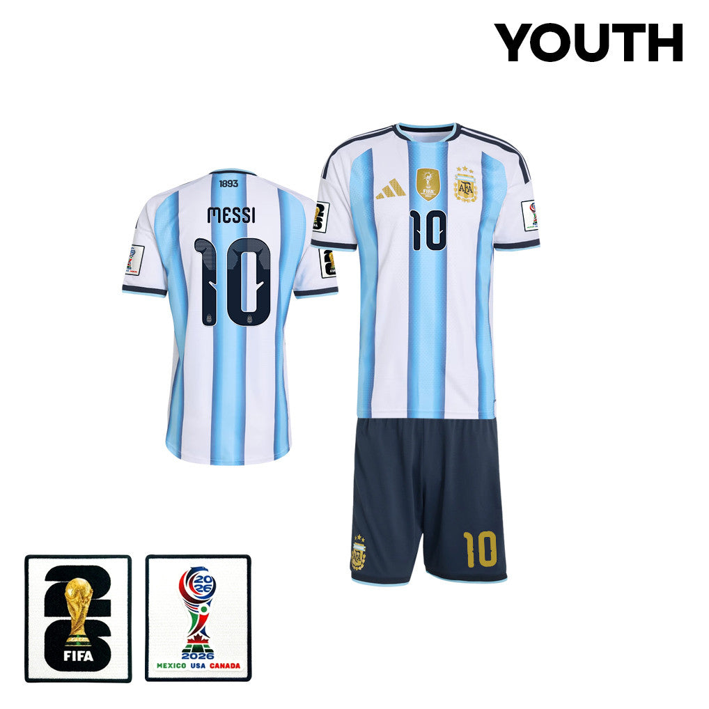 Lionel Messi 10 Argentina 2026 Youth Home Jersey & Shorts Set - White