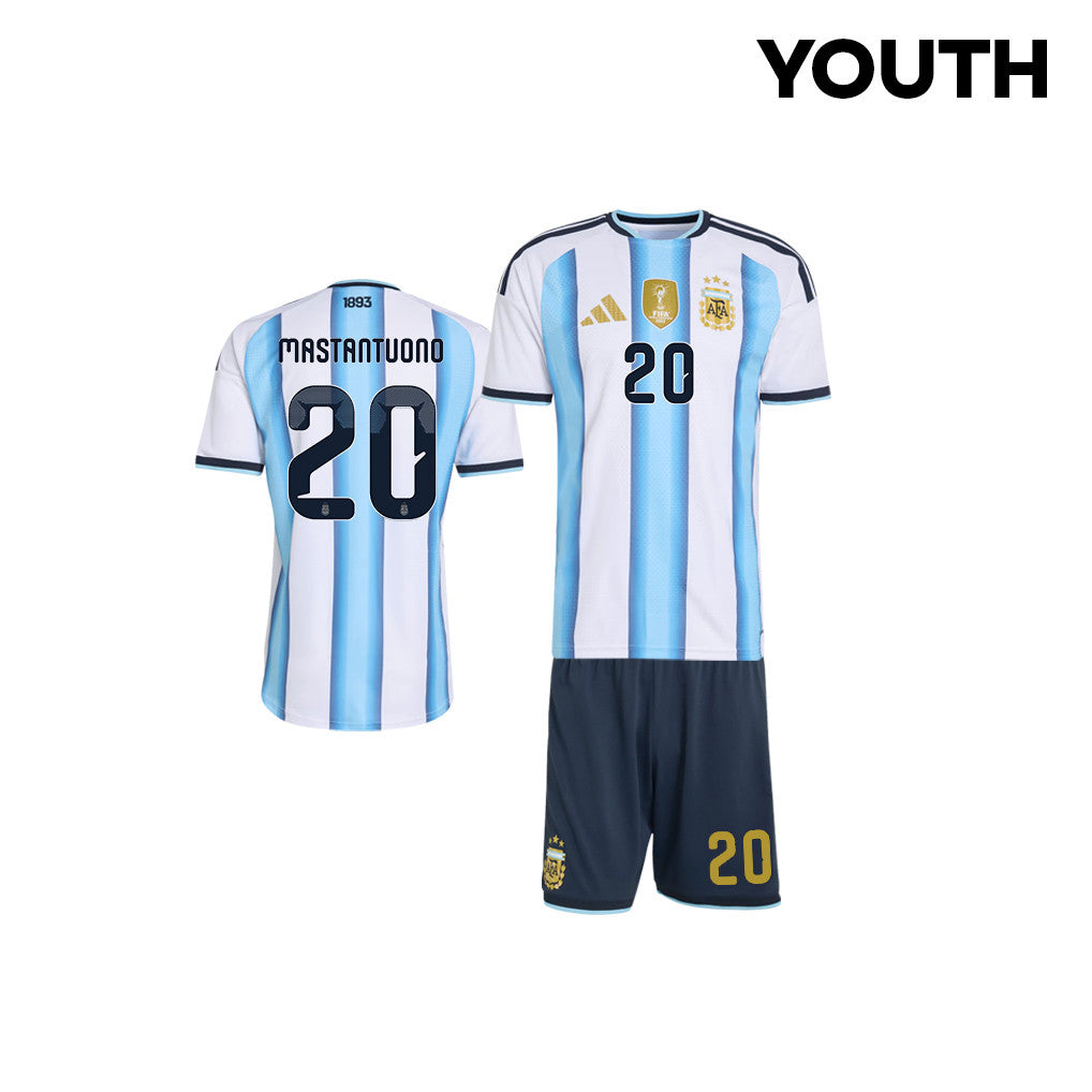 Franco Mastantuono 20 Argentina 2026 Youth Home Jersey & Shorts Set - White