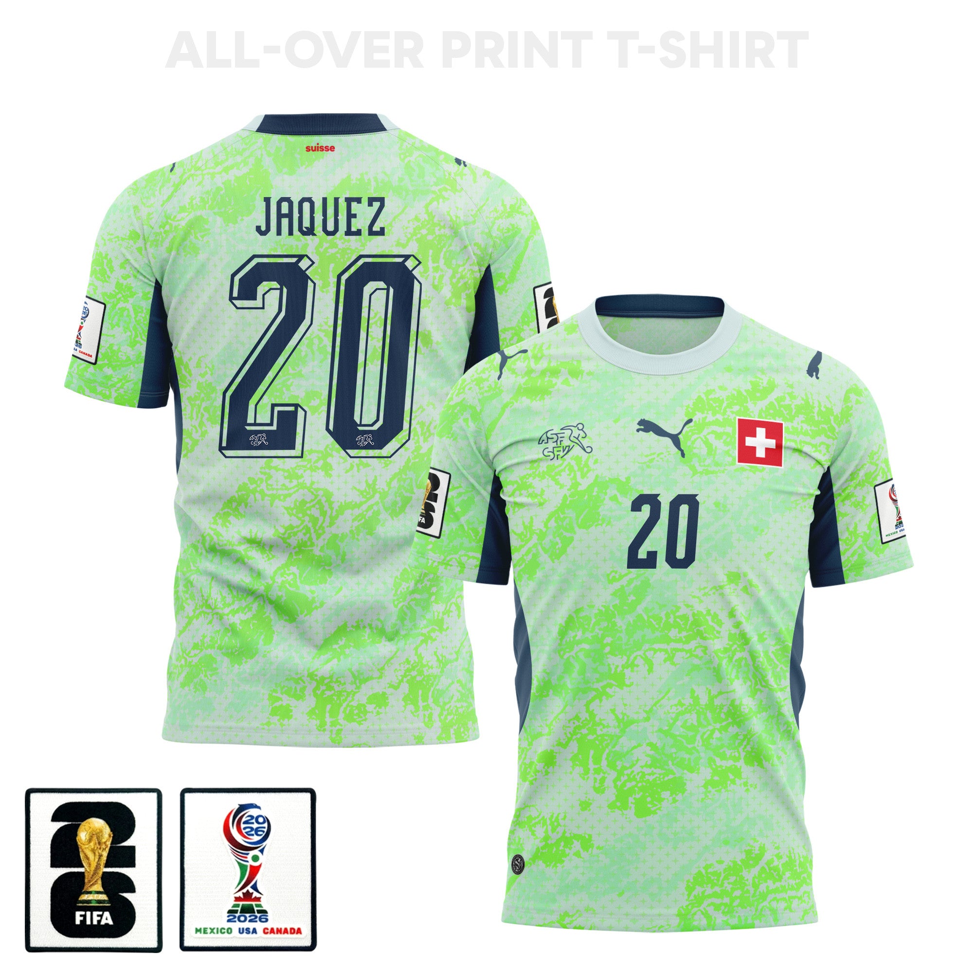 Luca Jaquez 20 Switzerland 2026 Away 3D T-Shirt Fully Printed – Unisex, Green