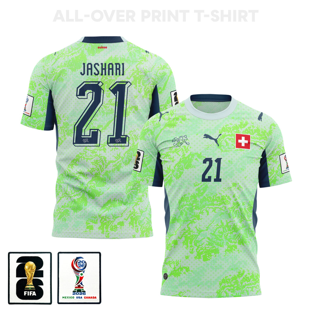 Ardon Jashari 21 Switzerland 2026 Away 3D T-Shirt Fully Printed – Unisex, Green