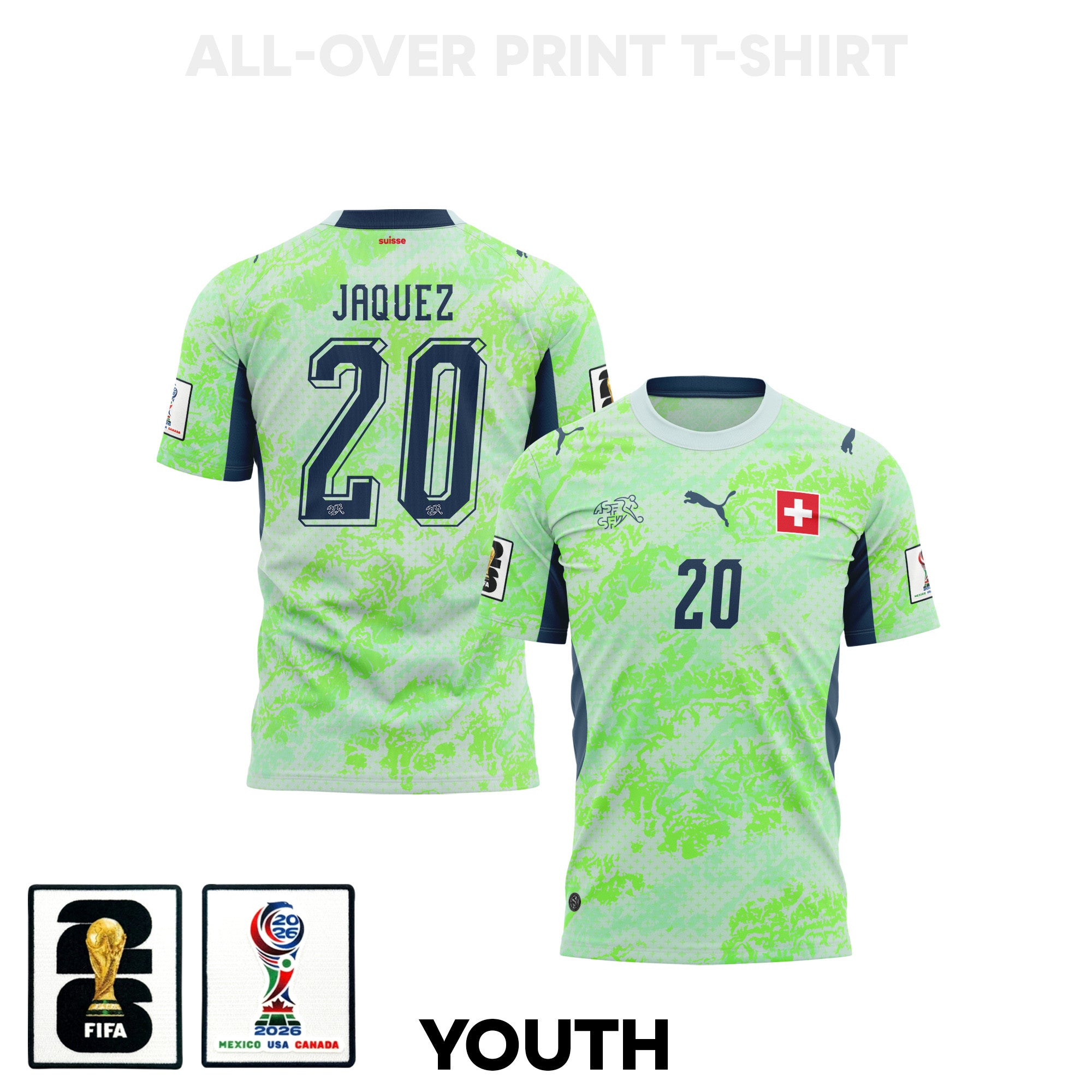 Luca Jaquez 20 Youth Switzerland 2026 Away 3D T-shirt Fully Printed – Green