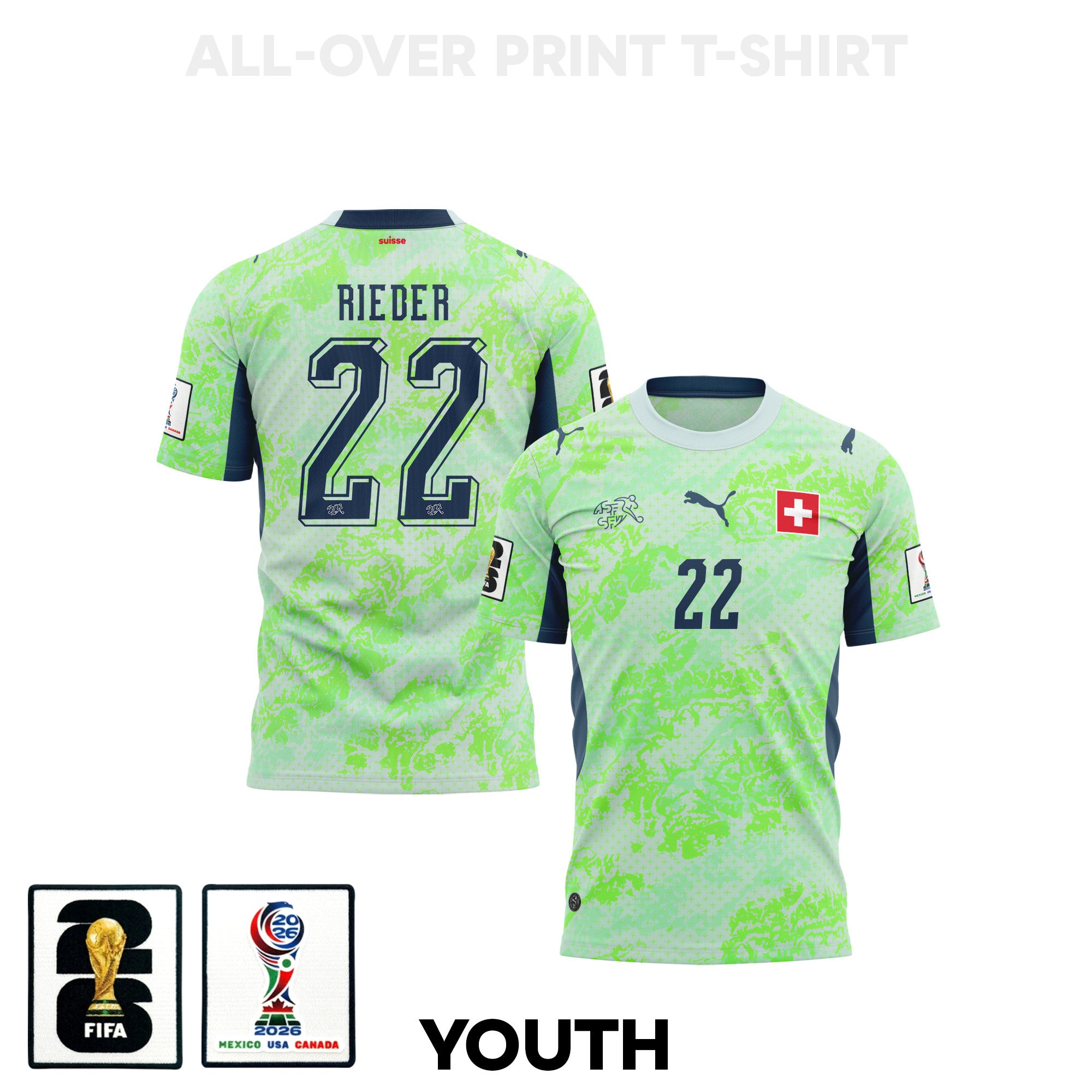 Fabian Rieder 22 Youth Switzerland 2026 Away 3D T-shirt Fully Printed – Green