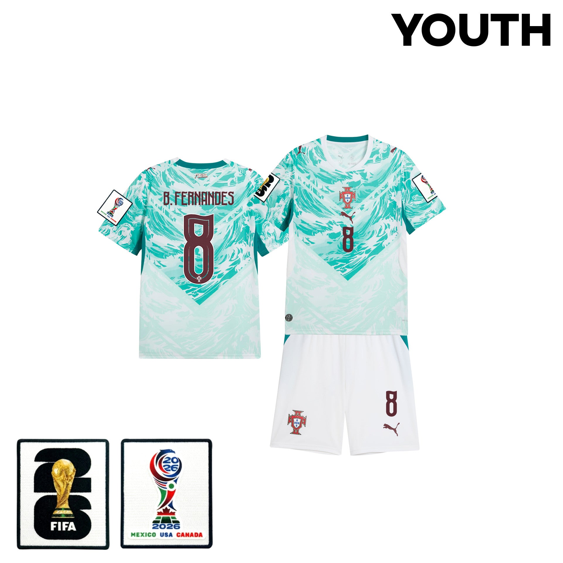 Bruno Fernandes 8 Portugal 2026 Youth Away Jersey & Shorts Set - White