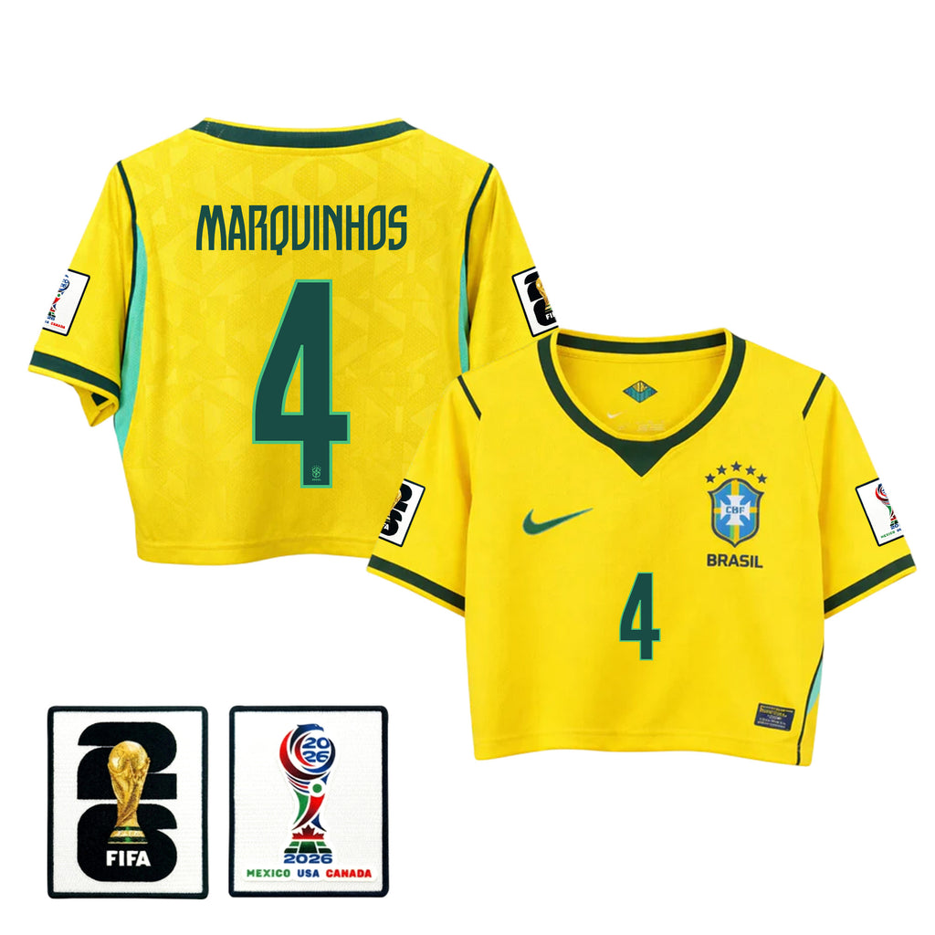 Marquinhos 4 Brazil 2026 Home Women's Cropped Jersey - Yellow