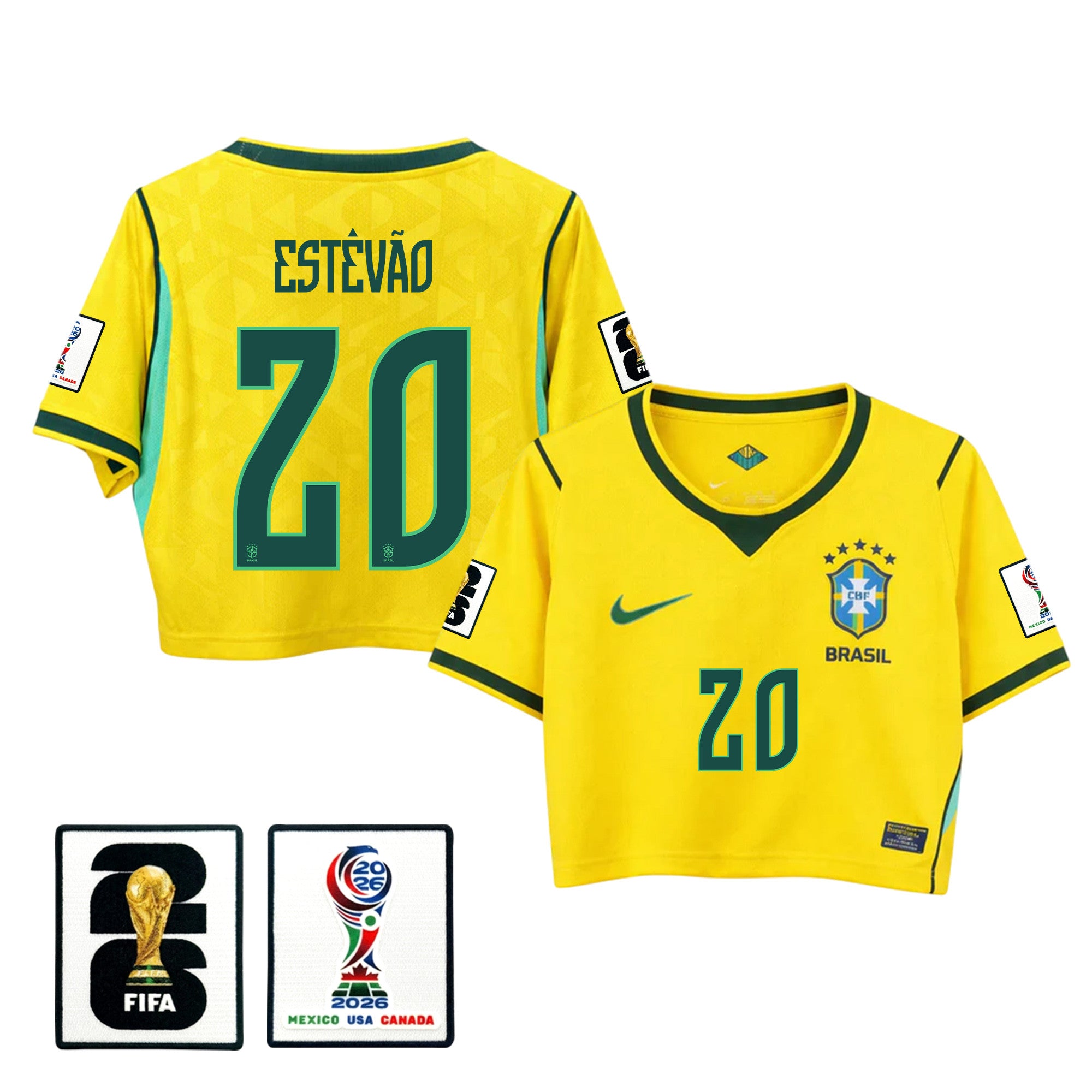 Estêvão 20 Brazil 2026 Home Women's Cropped Jersey - Yellow
