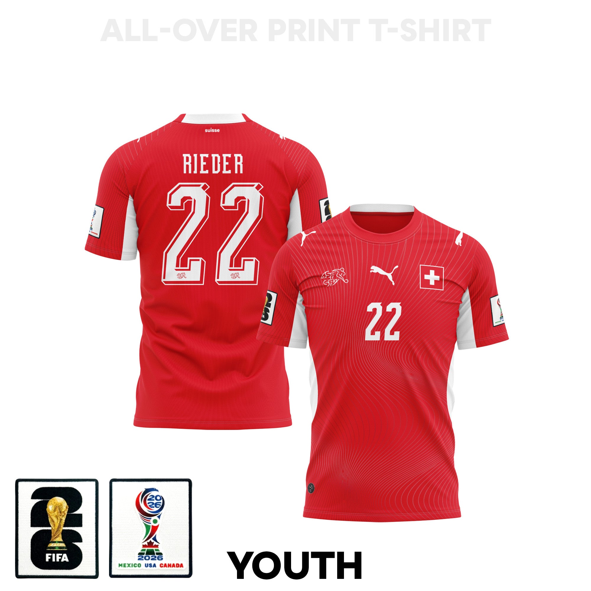 Fabian Rieder 22 Youth Switzerland 2026 Home 3D T-shirt Fully Printed – Red