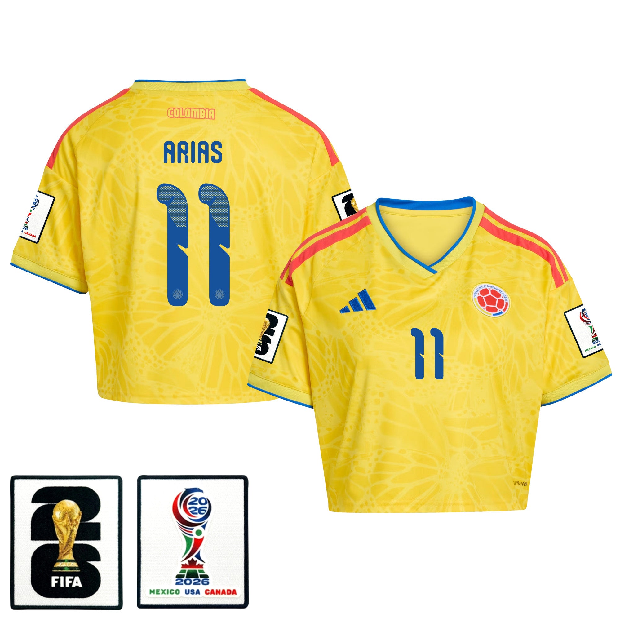 Jhon Arias 11 Colombia 2026 Home Women's Cropped Jersey - Yellow