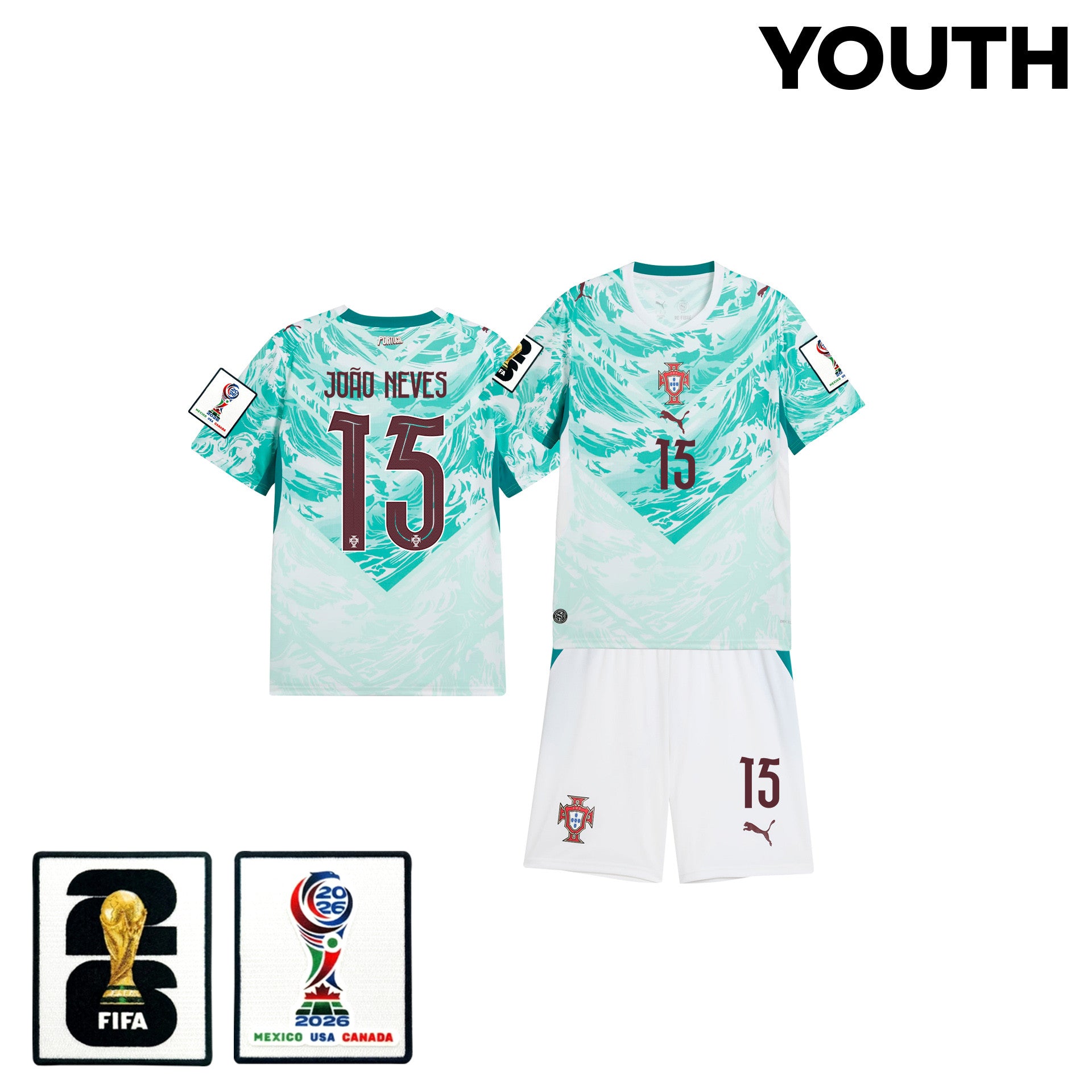 João Neves 15 Portugal 2026 Youth Away Jersey & Shorts Set - White