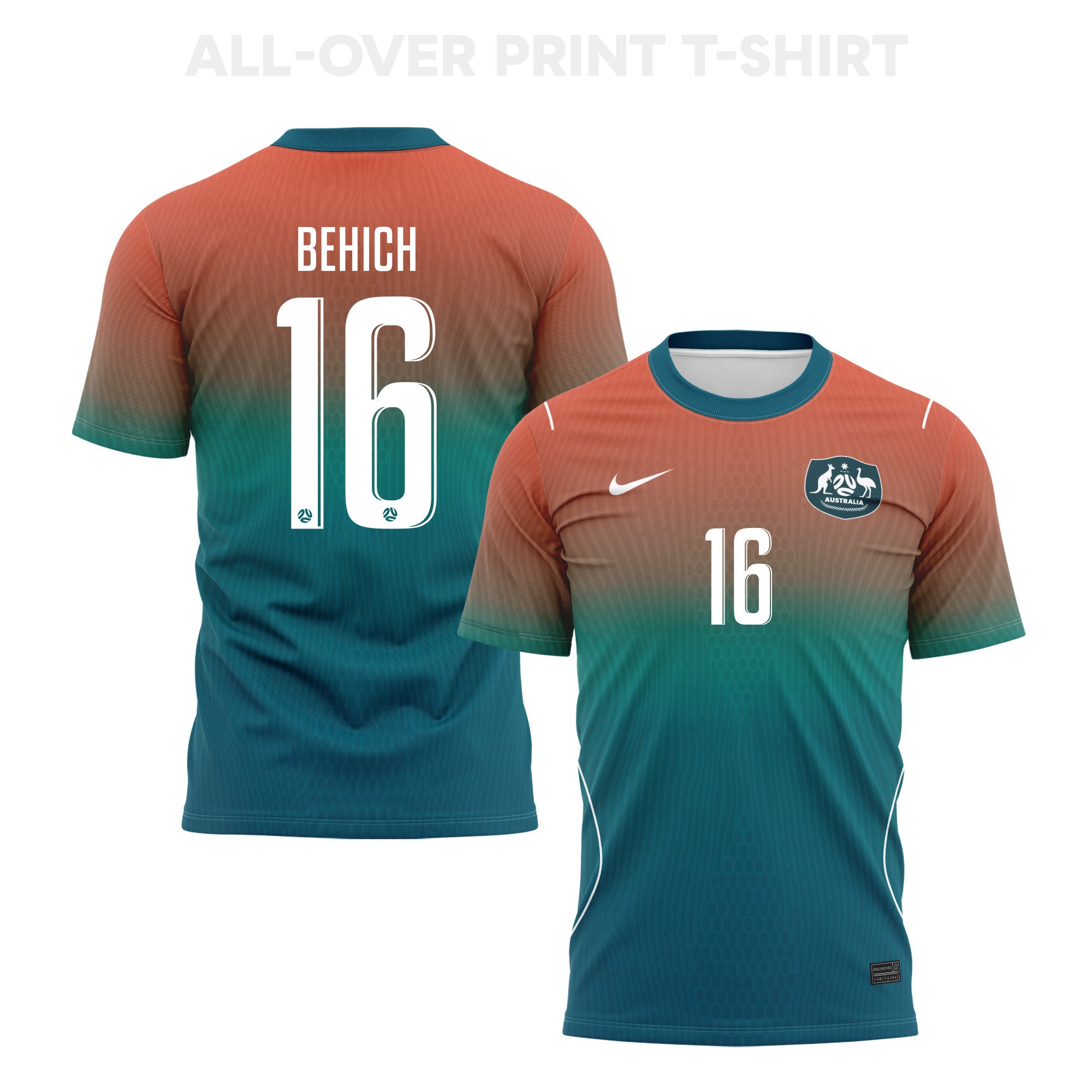 Aziz Behich 16 Australia 2026 Away 3D T-Shirt Fully Printed – Unisex, Teal