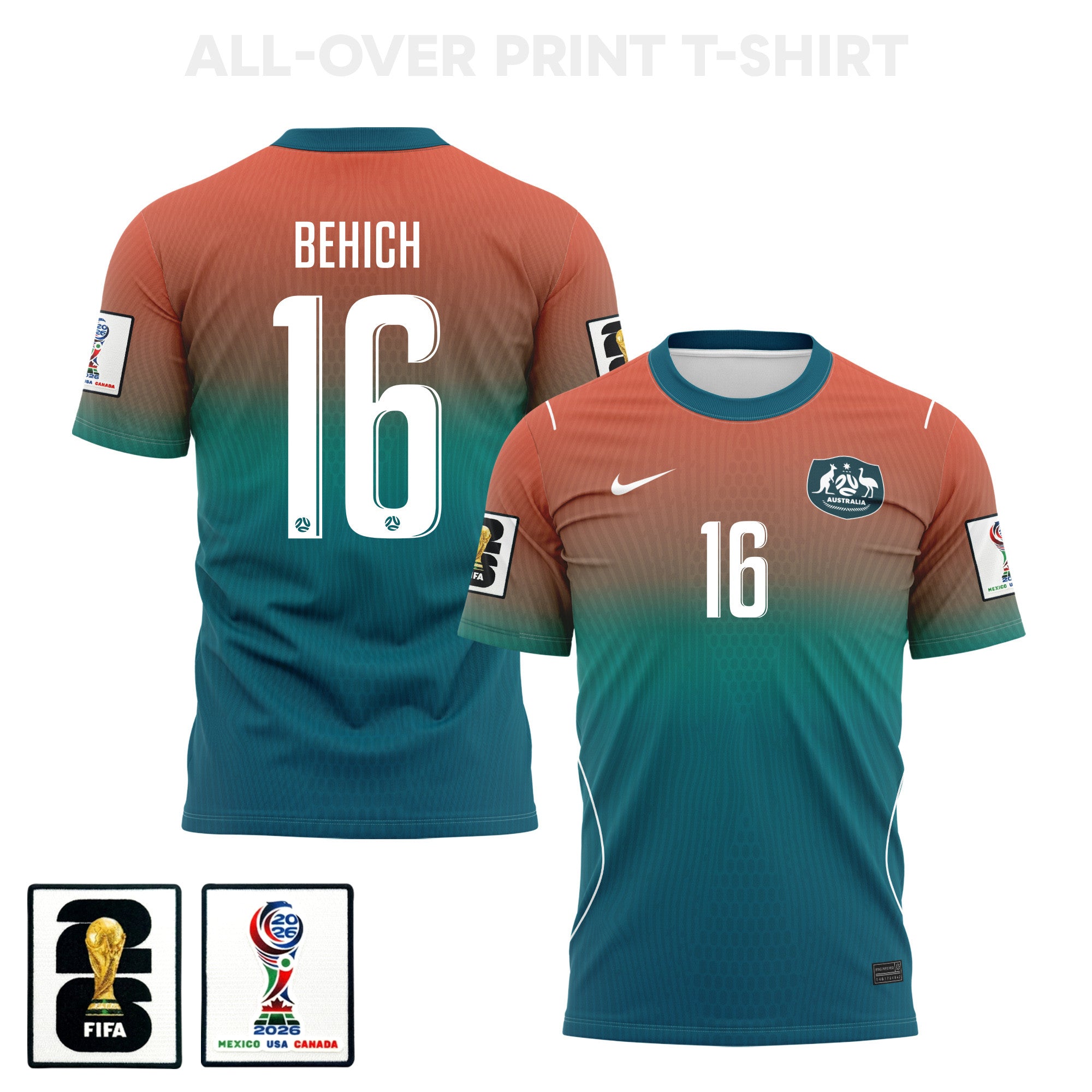 Aziz Behich 16 Australia 2026 Away 3D T-Shirt Fully Printed – Unisex, Teal