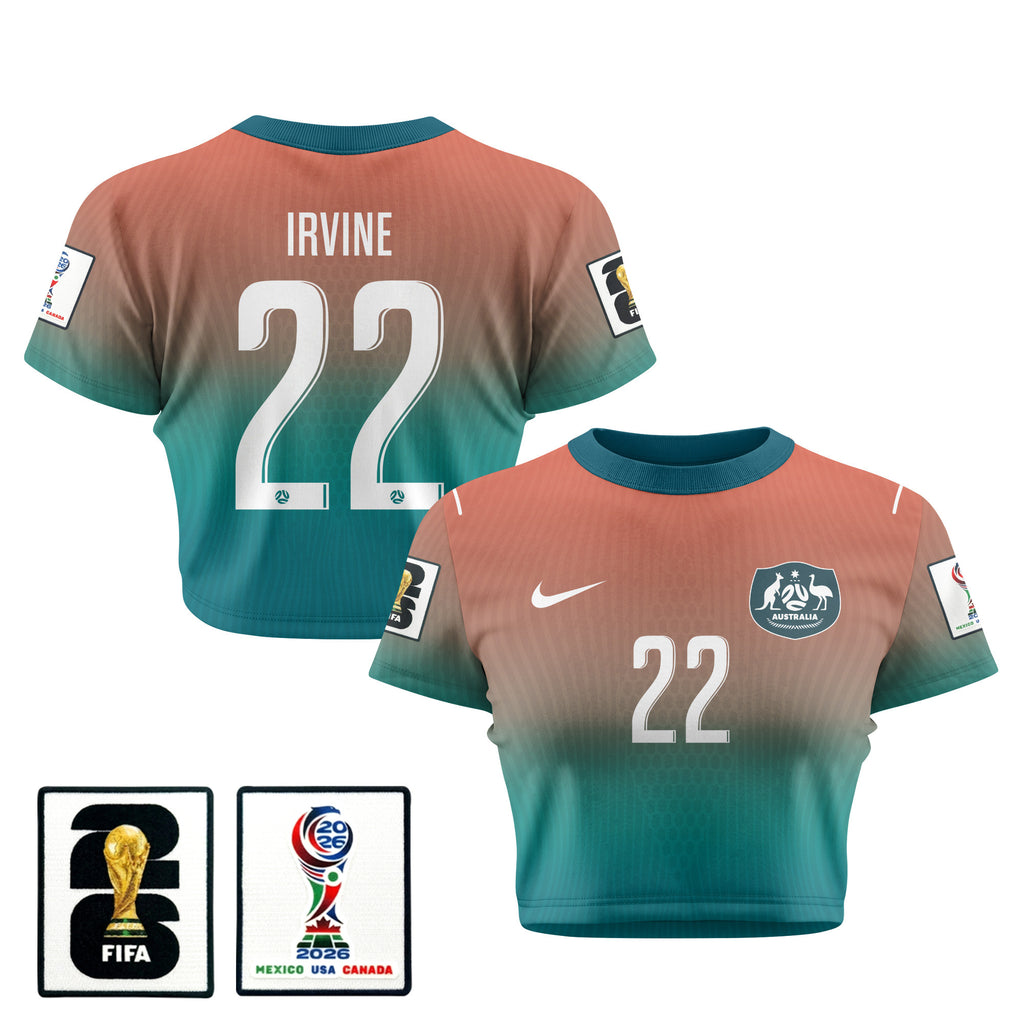 Jackson Irvine 22 Australia 2026 Women's Away All-Over Print Cropped Jersey - Green