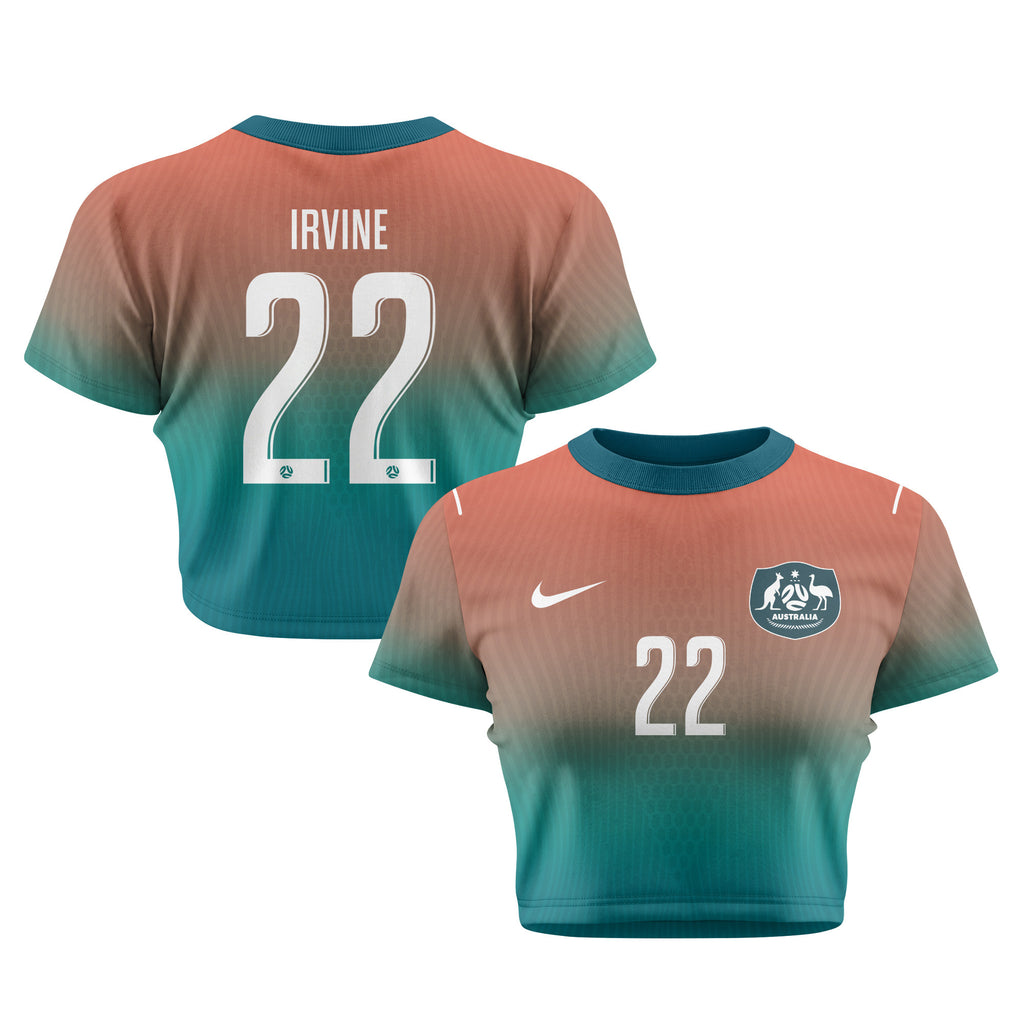 Jackson Irvine 22 Australia 2026 Women's Away All-Over Print Cropped Jersey - Green
