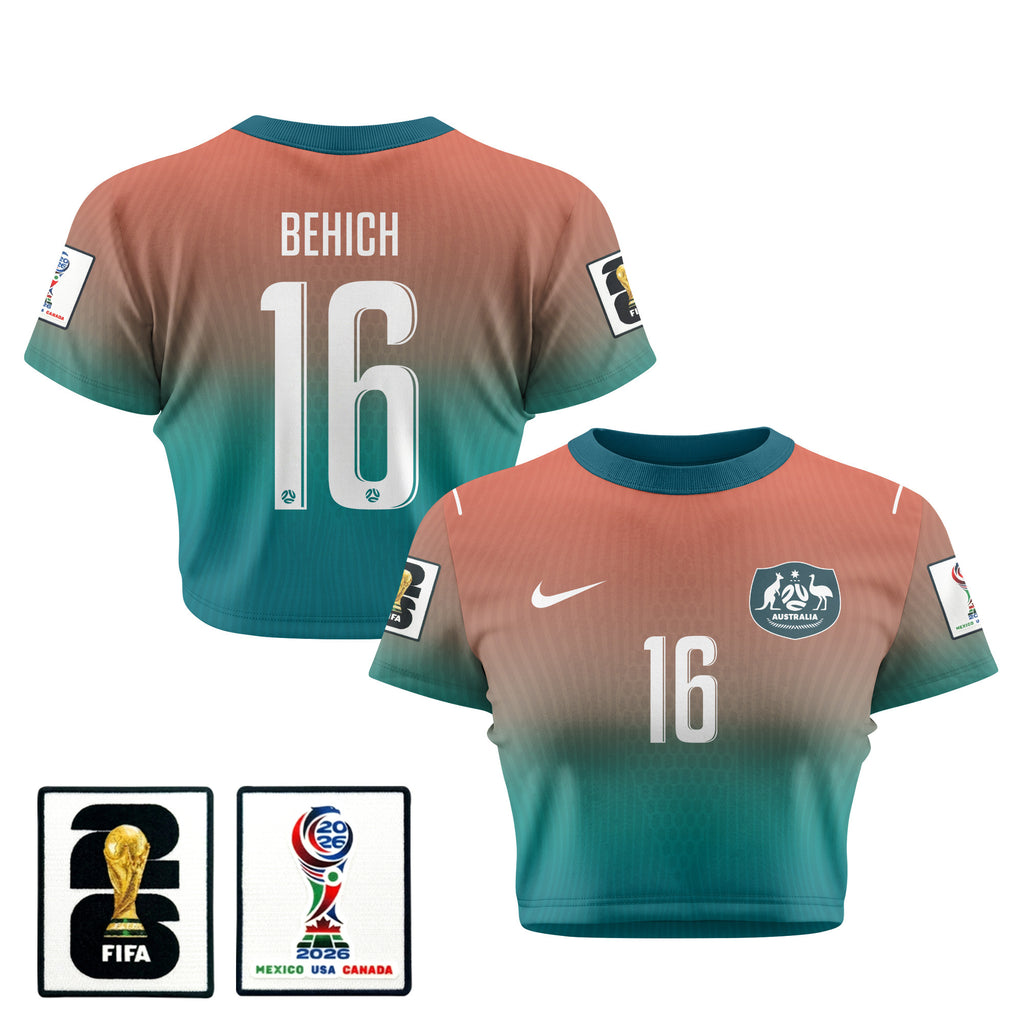 Aziz Behich 16 Australia 2026 Women's Away All-Over Print Cropped Jersey - Green
