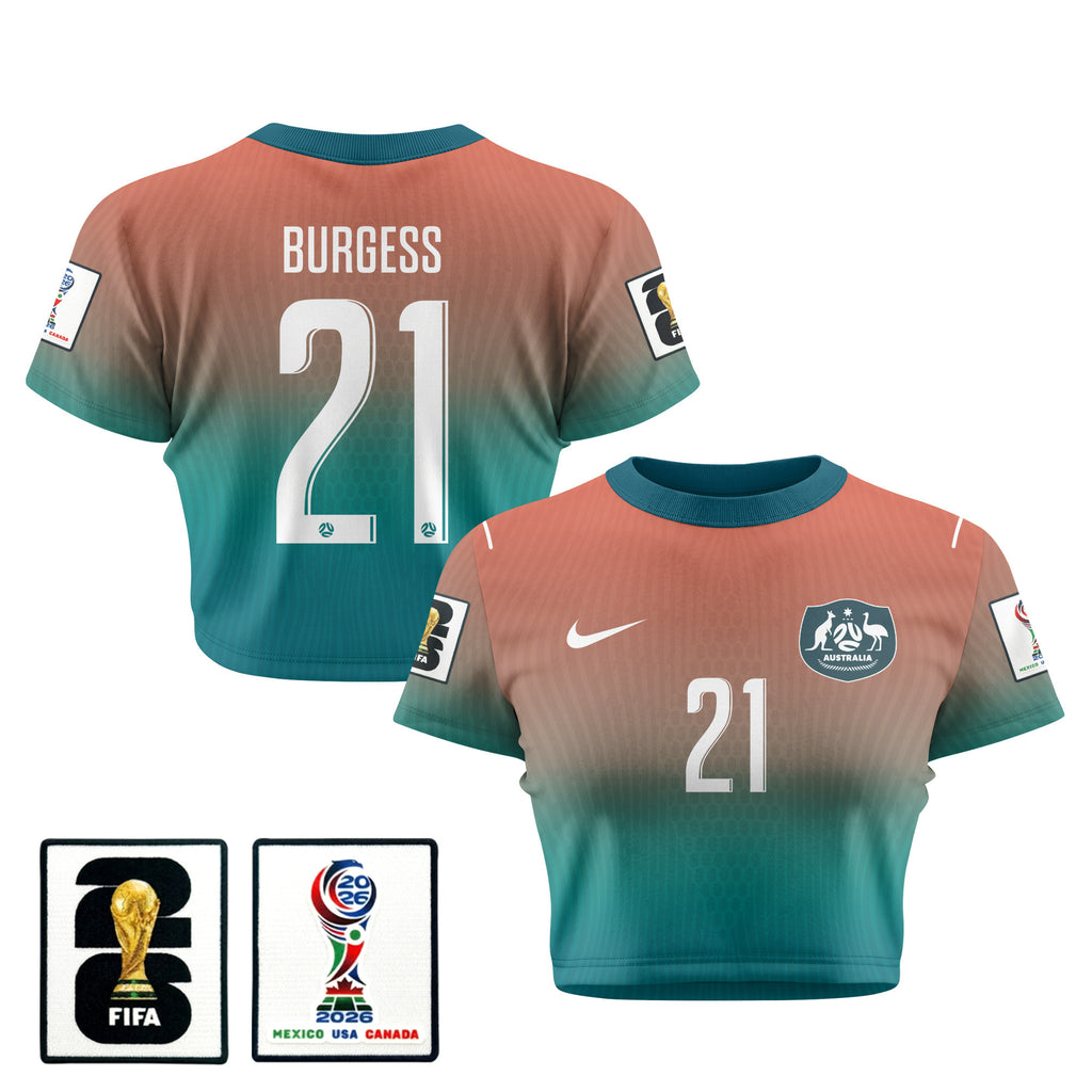 Cameron Burgess 21 Australia 2026 Women's Away All-Over Print Cropped Jersey - Green