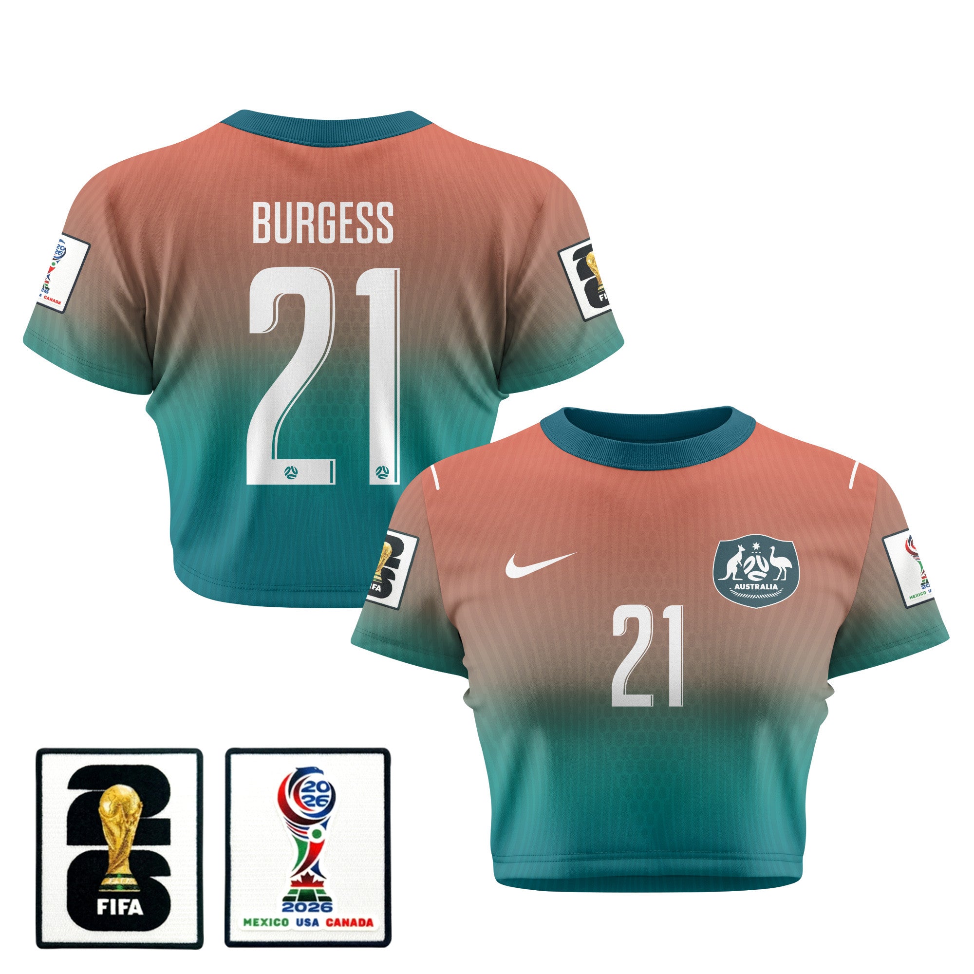 Cameron Burgess 21 Australia 2026 Women's Away All-Over Print Cropped Jersey - Green