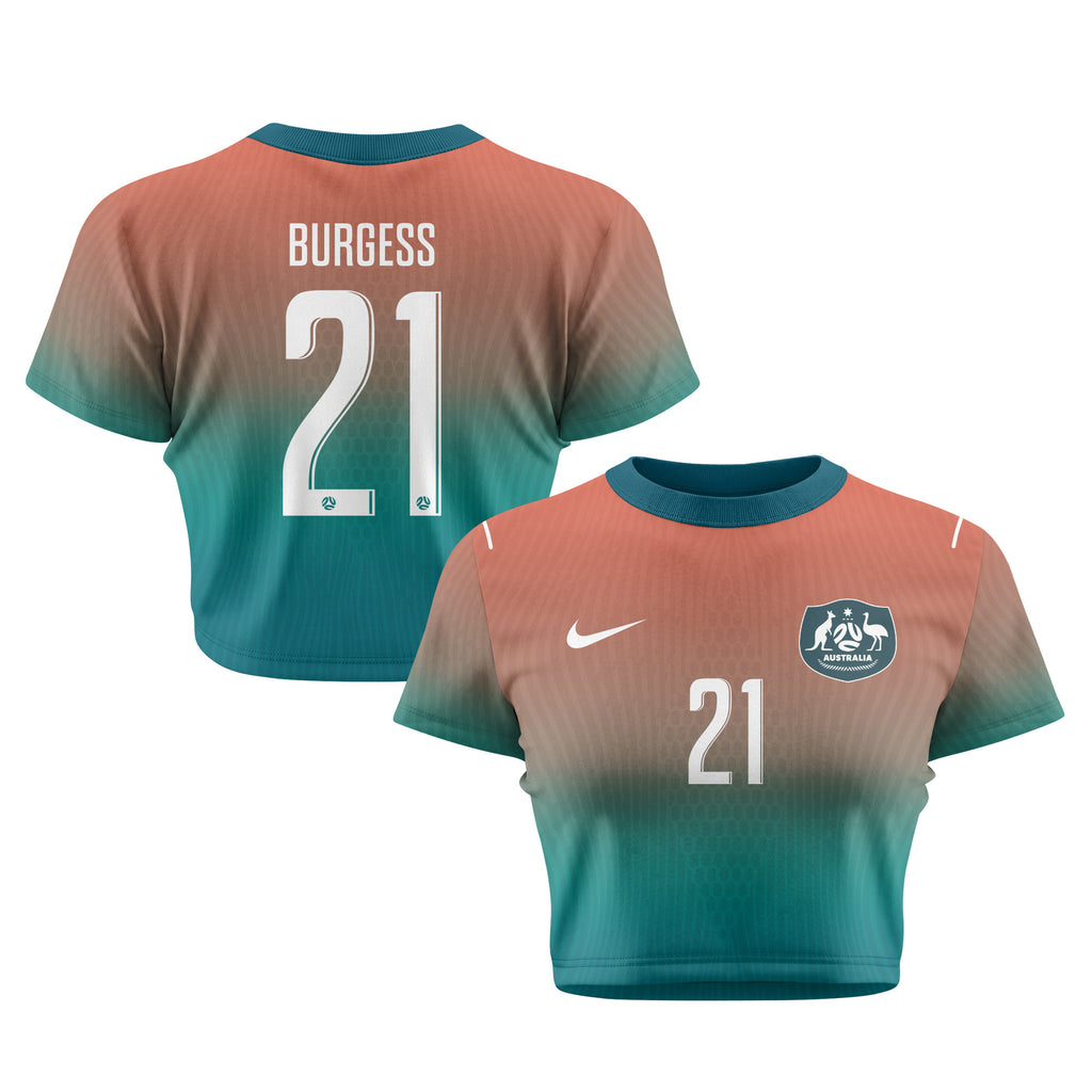 Cameron Burgess 21 Australia 2026 Women's Away All-Over Print Cropped Jersey - Green