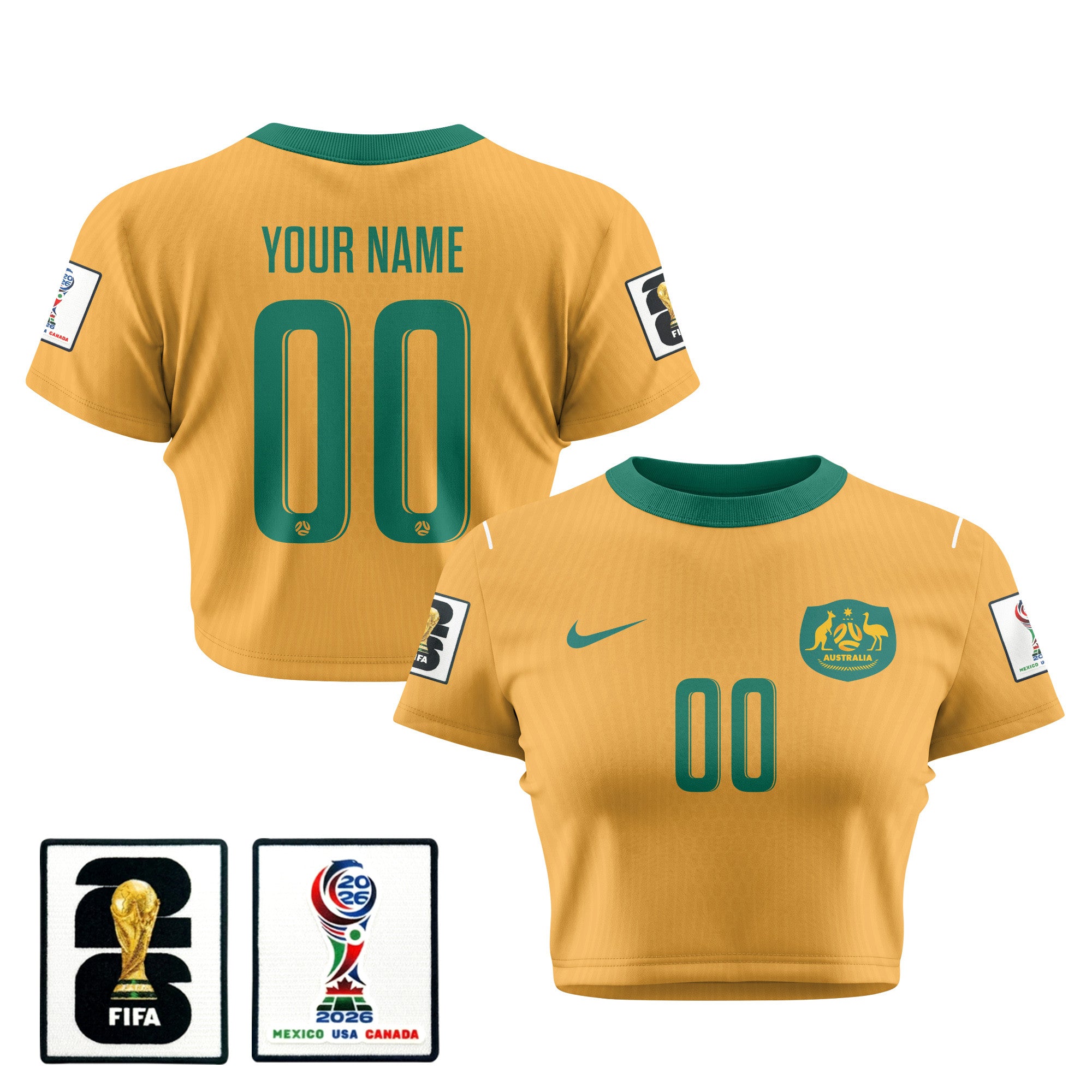Australia 2026 Women's Home All-Over Print Cropped Jersey - Personalized - Yellow