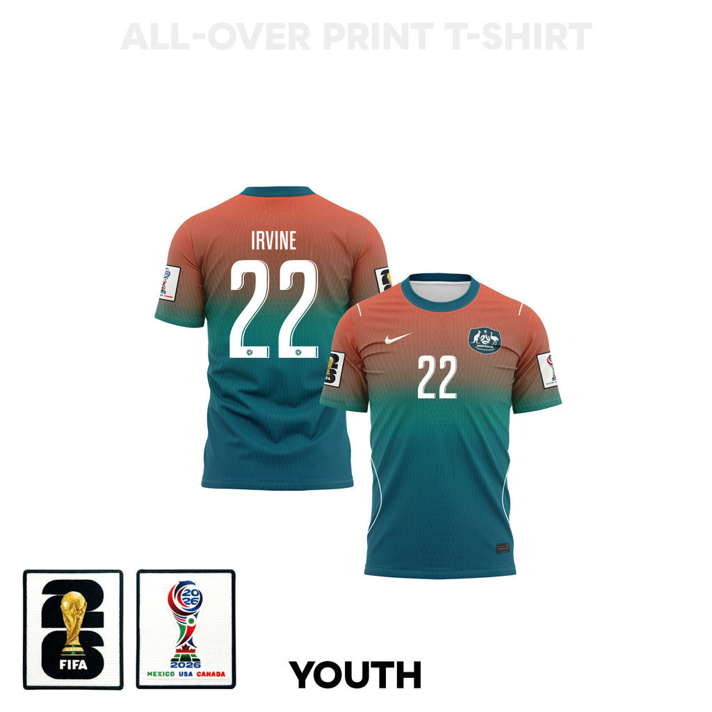 Jackson Irvine 22 Youth Australia 2026 Away 3D T-shirt Fully Printed – Teal