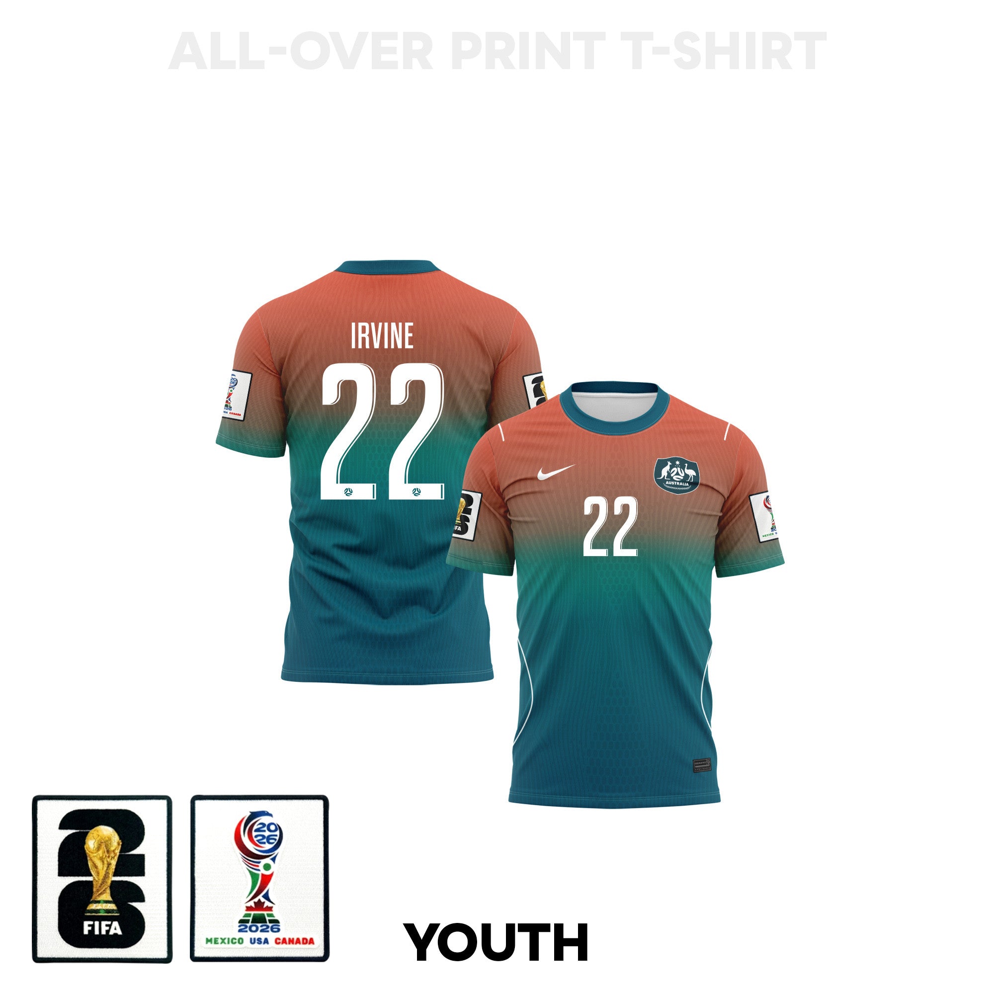Jackson Irvine 22 Youth Australia 2026 Away 3D T-shirt Fully Printed – Teal