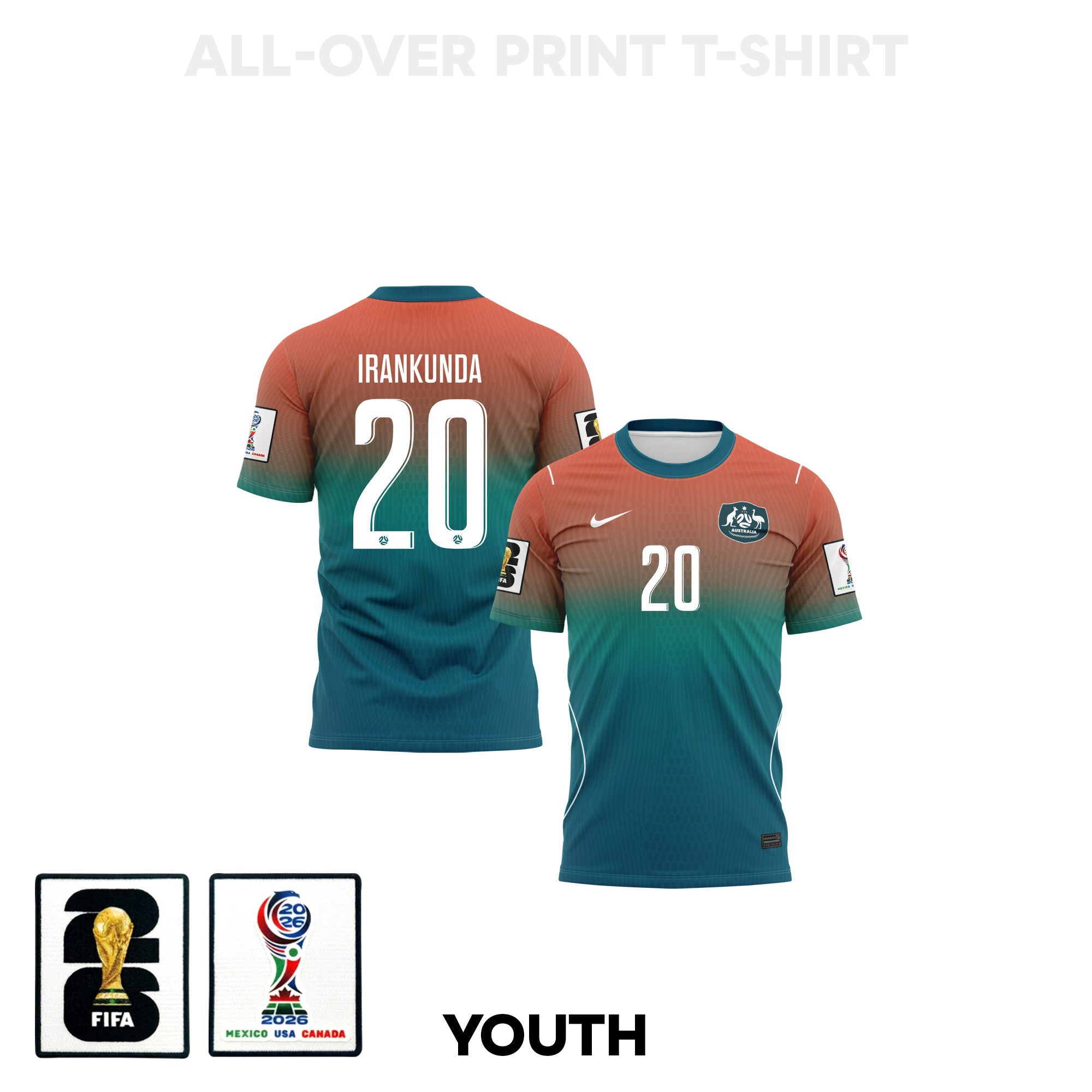 Nestory Irankunda 20 Youth Australia 2026 Away 3D T-shirt Fully Printed – Teal