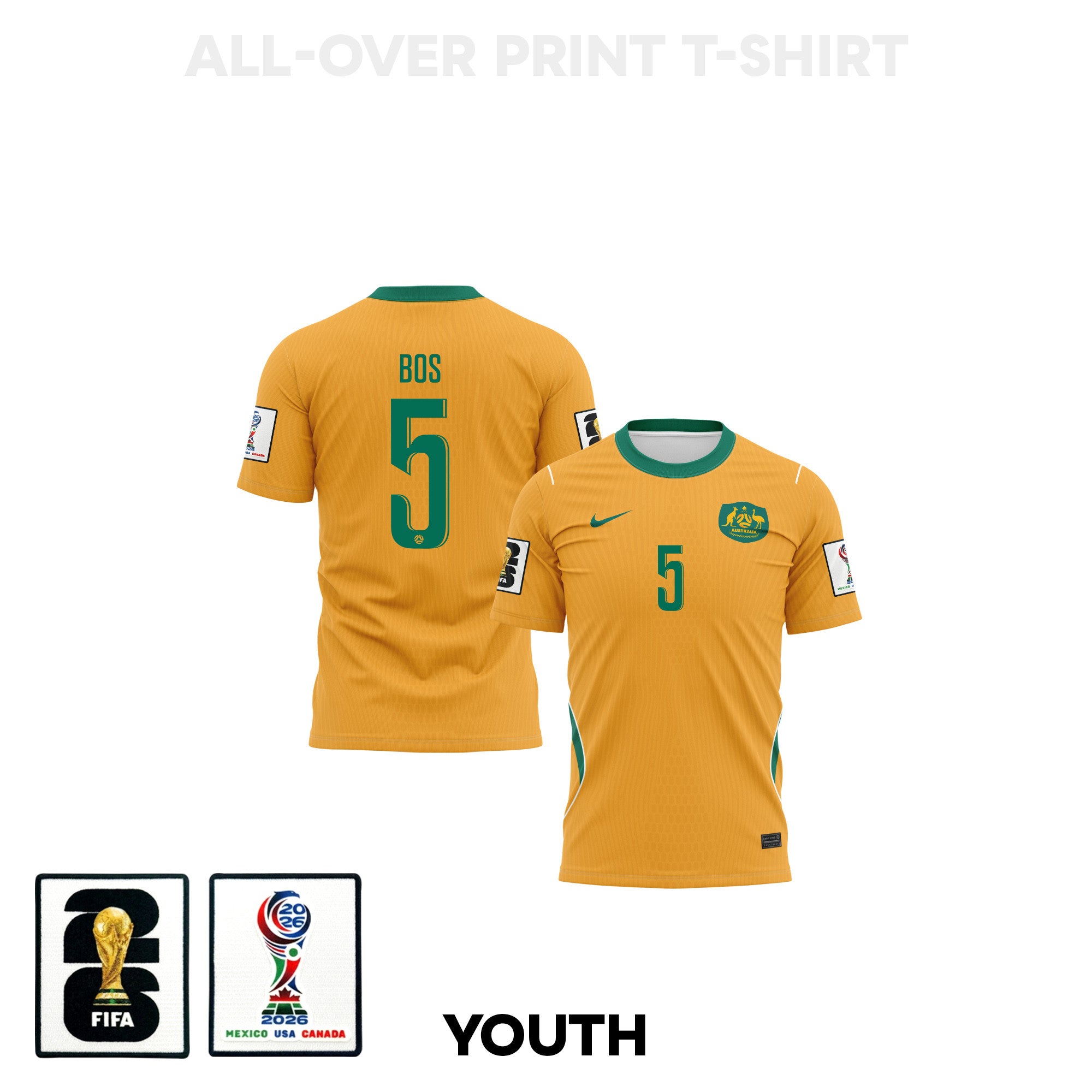 Jordan Bos 5 Youth Australia 2026 Home 3D T-shirt Fully Printed – Yellow