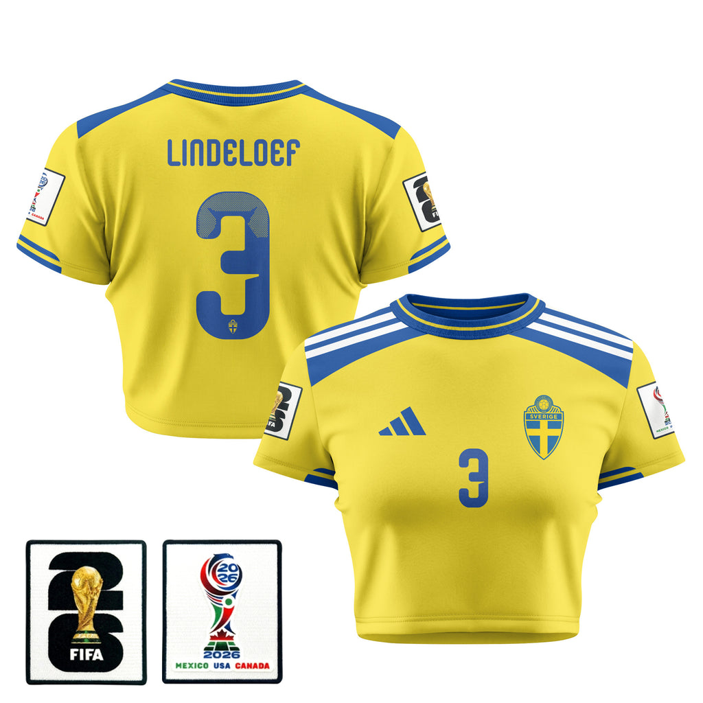Victor Lindeloef 3 Sweden 2026 Women's Home All-Over Print Cropped Jersey - Yellow
