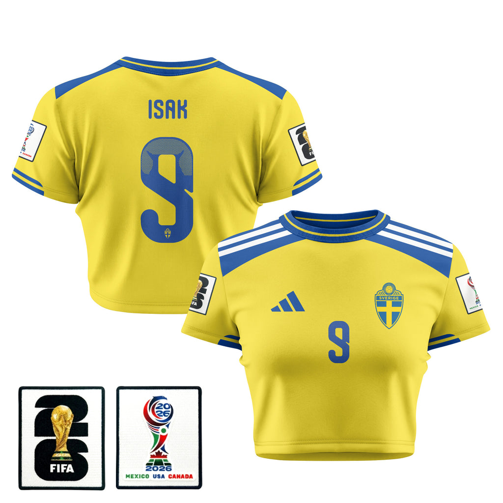 Alexander  Isak 9 Sweden 2026 Women's Home All-Over Print Cropped Jersey - Yellow