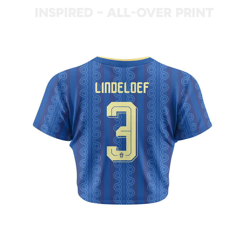 Victor Lindeloef 3 Sweden 2026 Women's Away All-Over Print Cropped Jersey - Blue