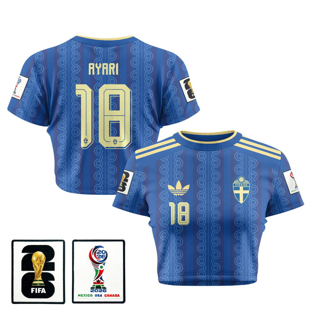 Yasin Ayari 18 Sweden 2026 Women's Away All-Over Print Cropped Jersey - Blue