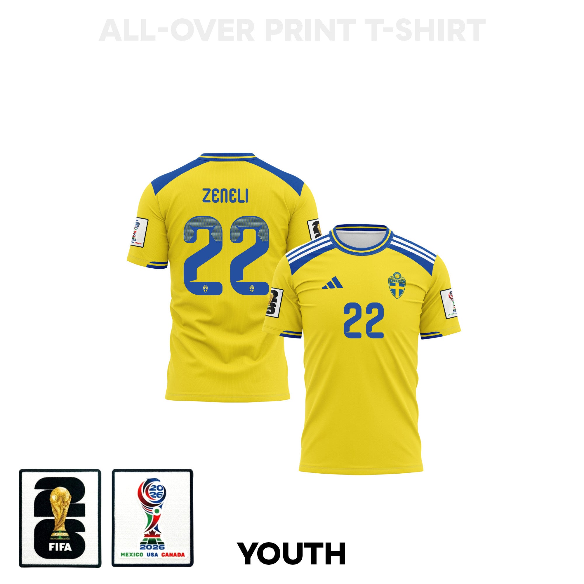 Besfort Zeneli 22 Youth Sweden 2026 Home 3D T-shirt Fully Printed – Yellow