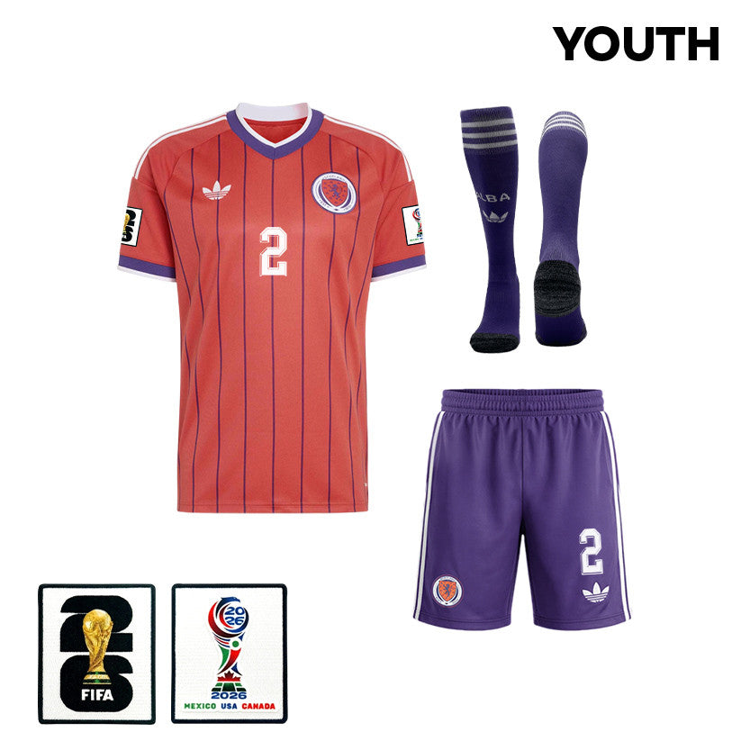 Aaron Hickey 2 Scotland 2026 YOUTH Away Kit Set – Red/Purple
