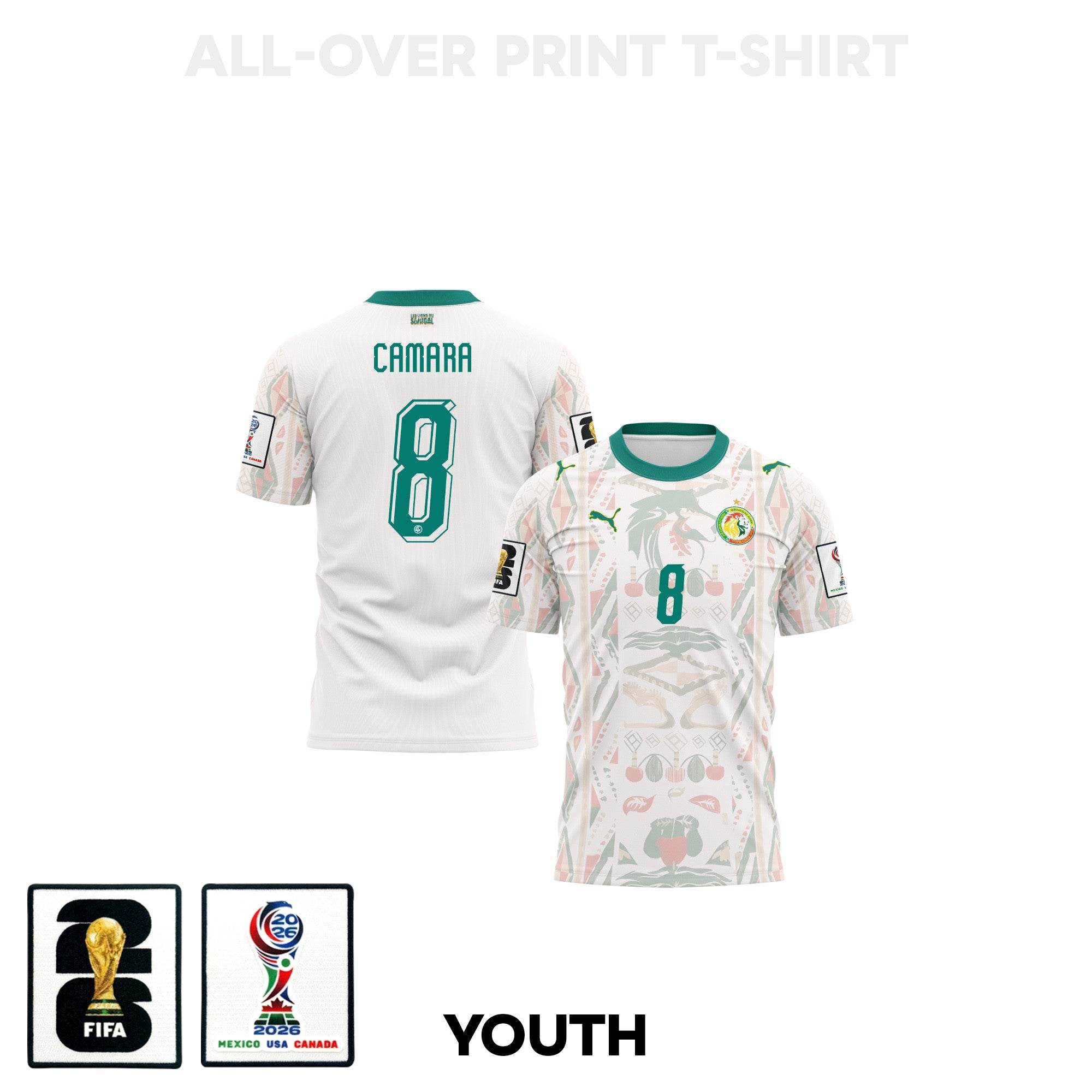 Lamine Camara 8 Youth Senegal 2026 Home 3D T-shirt Fully Printed – White