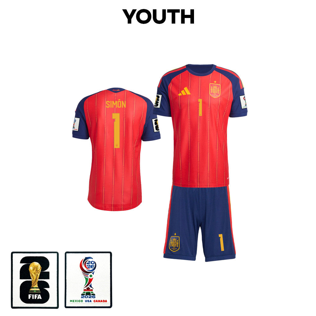 Unai Simón 1 Spain 2026 YOUTH Home Jersey & Shorts Set - Red