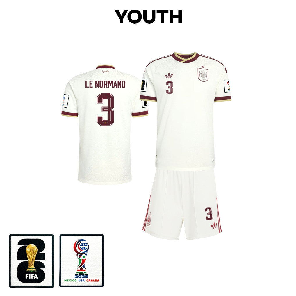 Robin Le Normand 3 Spain 2026 YOUTH Away Jersey & Shorts Set - White