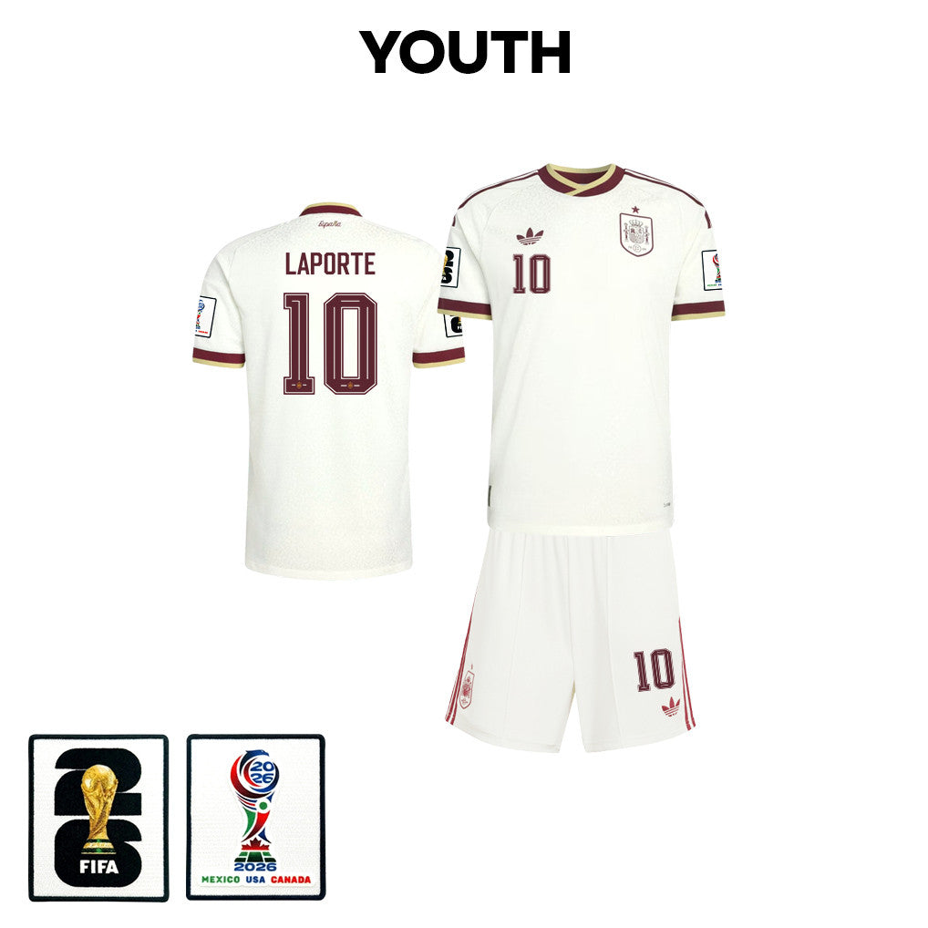 Aymeric Laporte 10 Spain 2026 YOUTH Away Jersey & Shorts Set - White