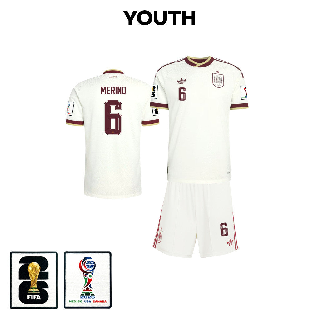 Mikel Merino 6 Spain 2026 YOUTH Away Jersey & Shorts Set - White