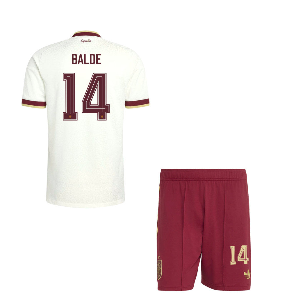 Alejandro Balde 14 Spain 2026 YOUTH Away Jersey & Shorts Set - White And Red